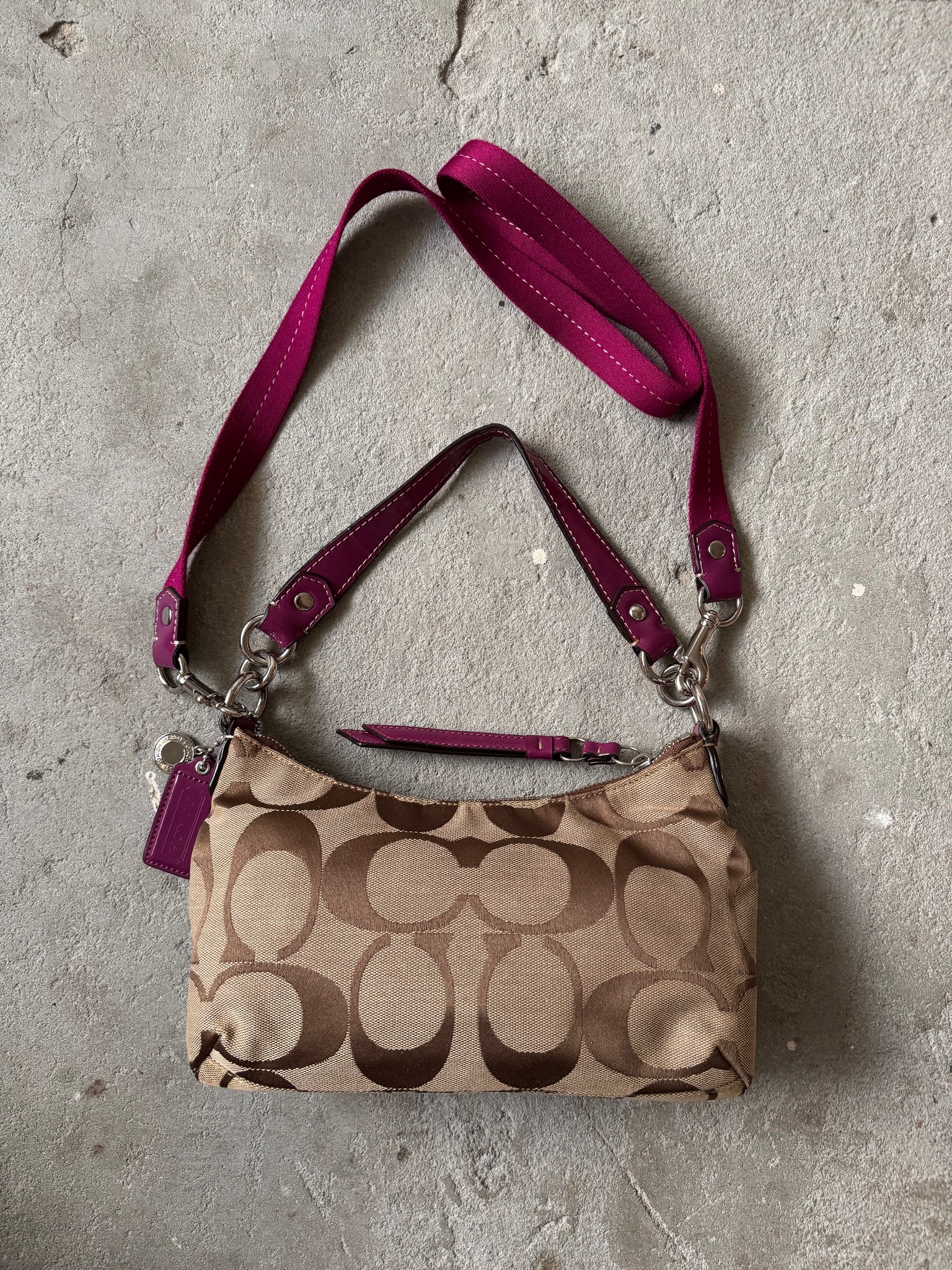 Coach 2Way Signature Stripe Shoulder Bag Beige/Purple