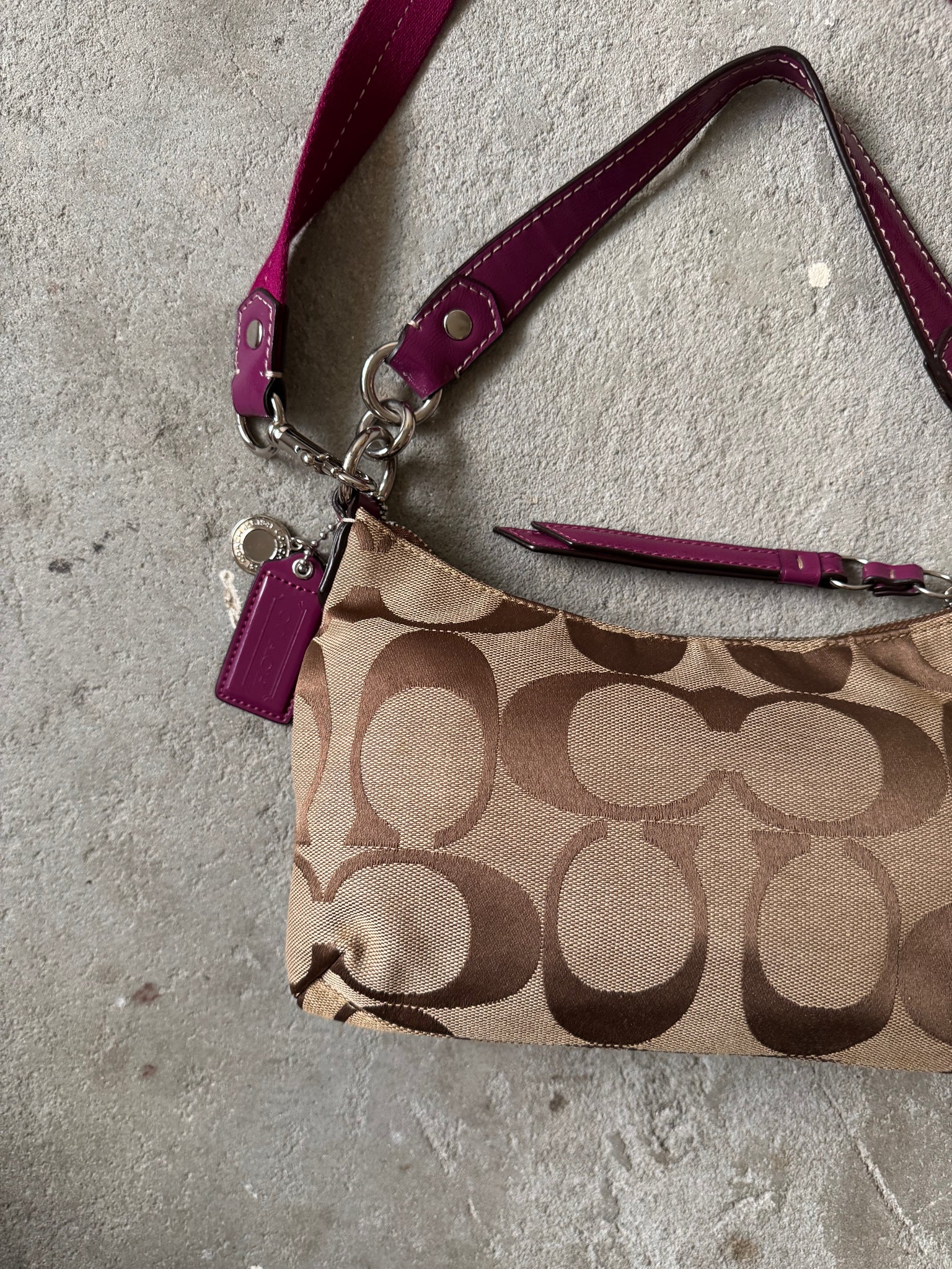 Coach 2Way Signature Stripe Shoulder Bag Beige/Purple