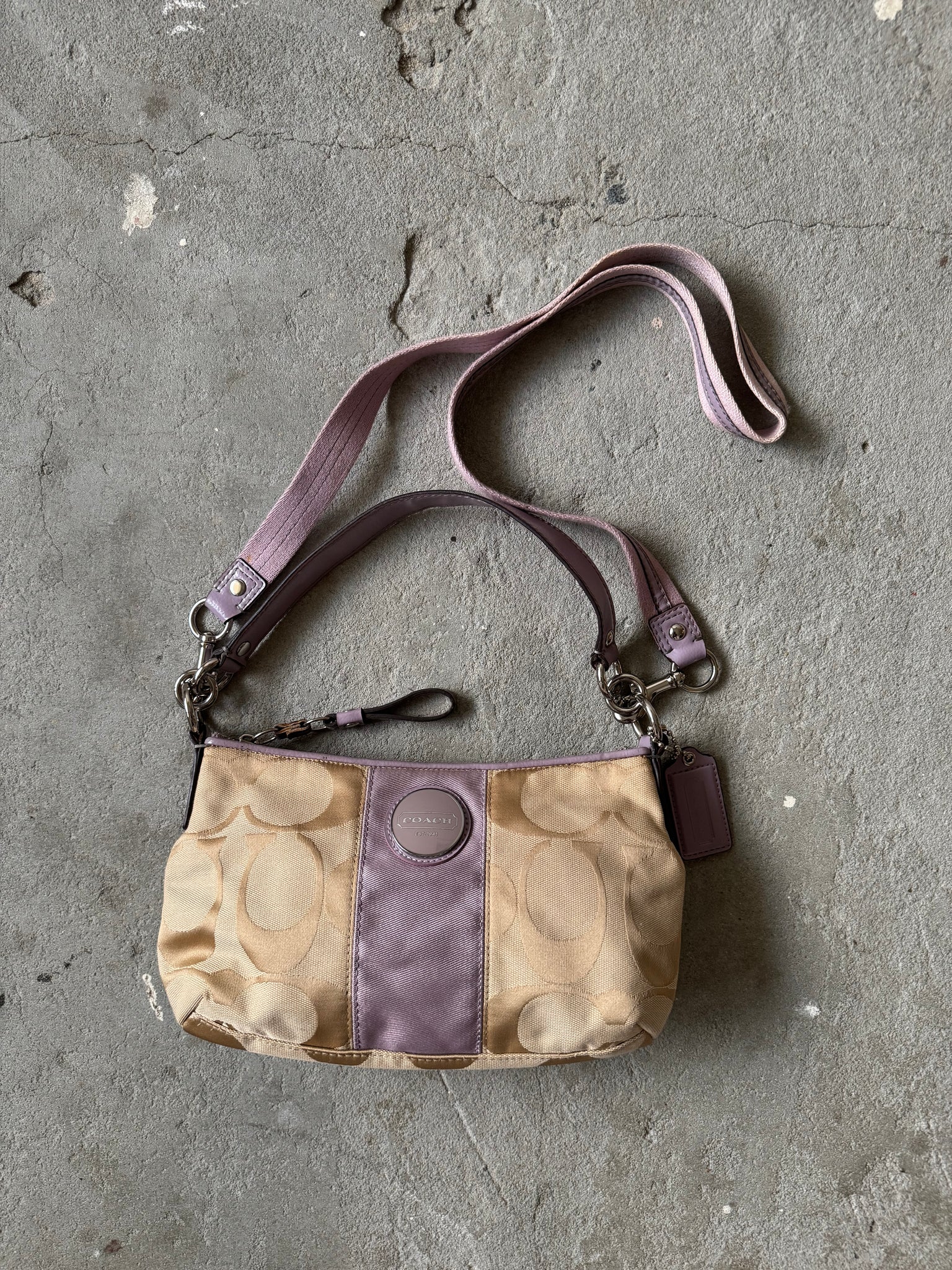 Coach 2Way Signature Stripe Shoulder Bag Beige/Purple
