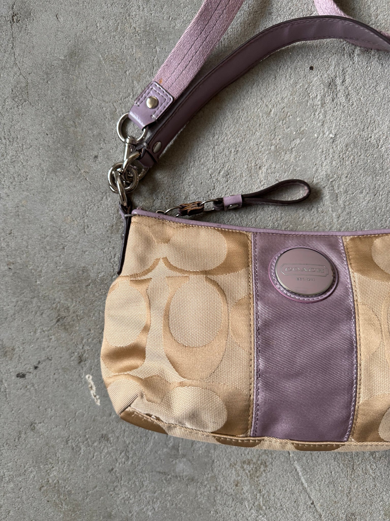 Coach 2Way Signature Stripe Shoulder Bag Beige/Purple