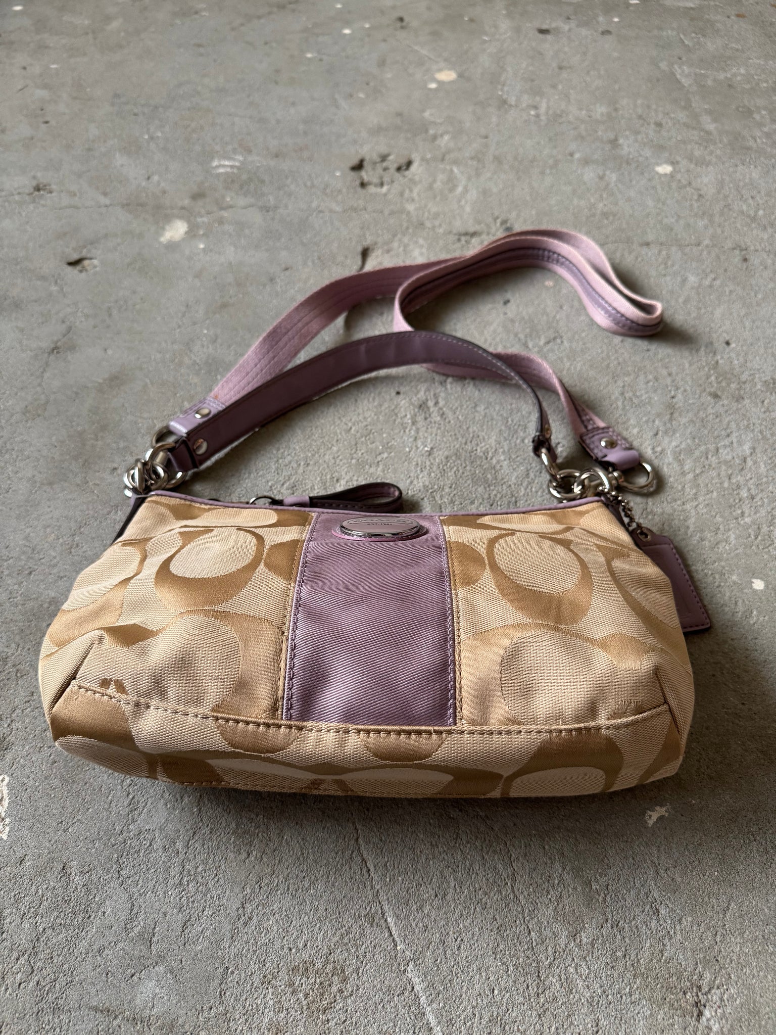 Coach 2Way Signature Stripe Shoulder Bag Beige/Purple