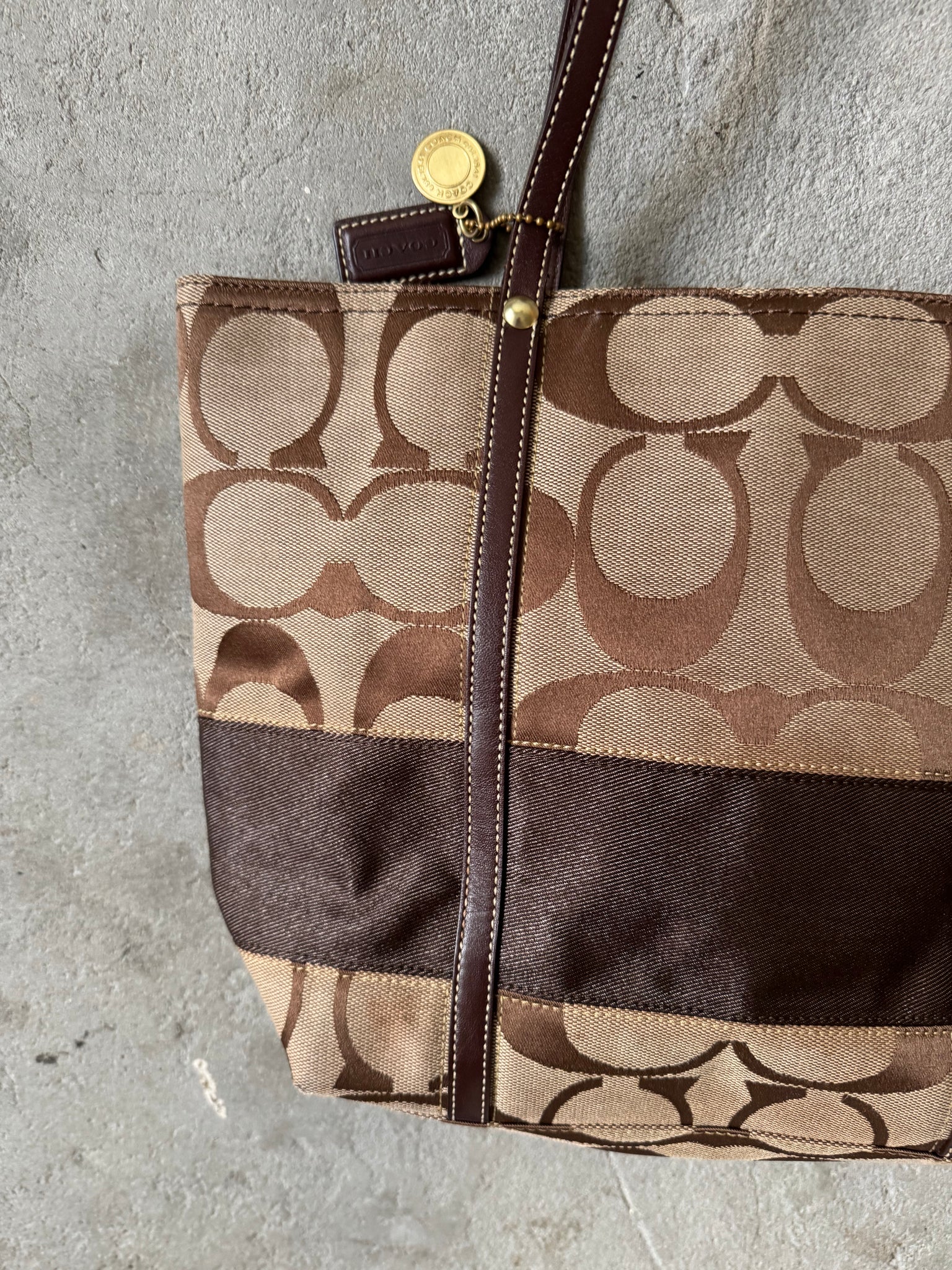 Coach Signature Stripe Tote Bag Beige/Brown