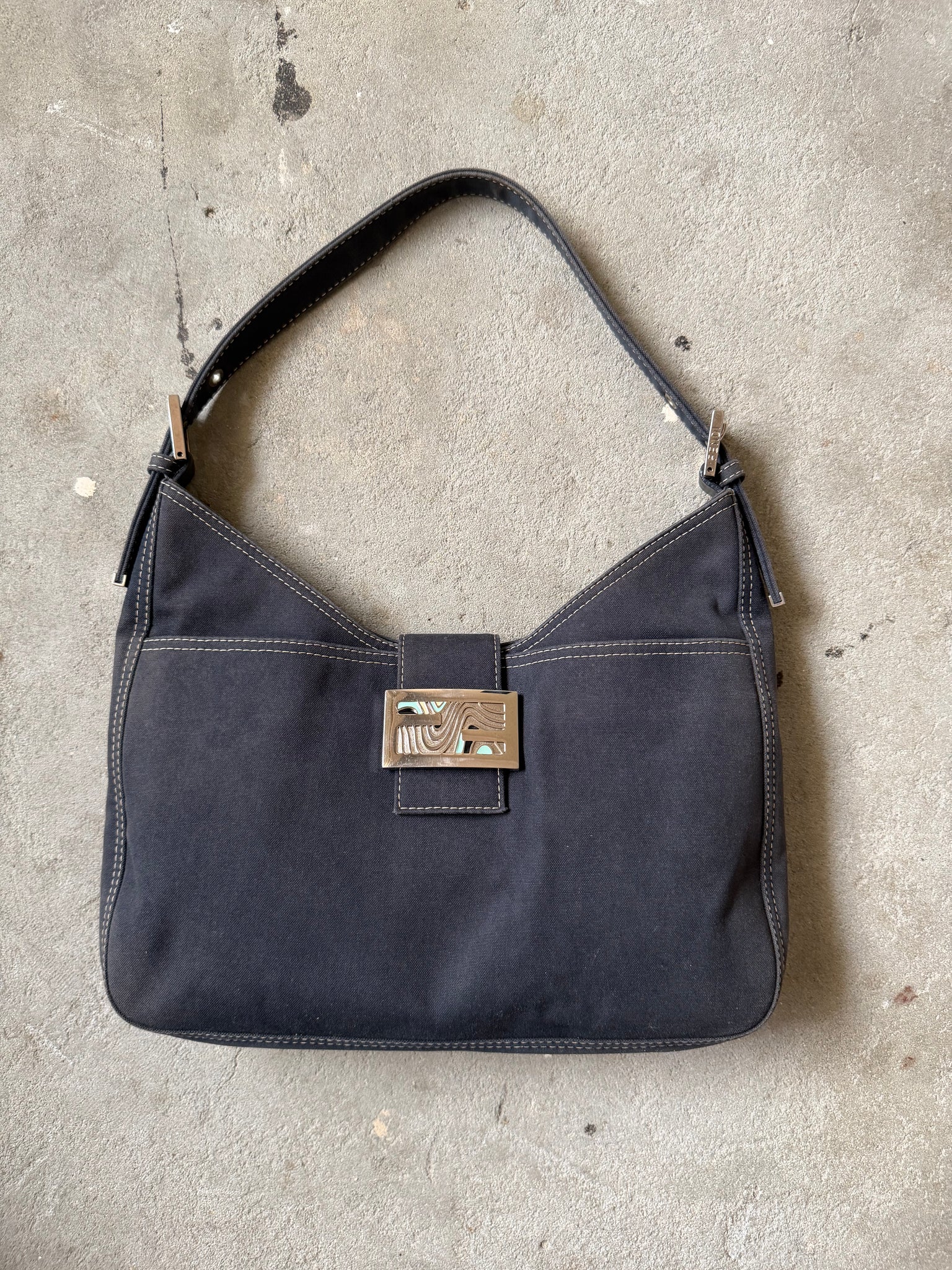 Fendi FF Hobo Baguette Denim Shoulder Bag Blue