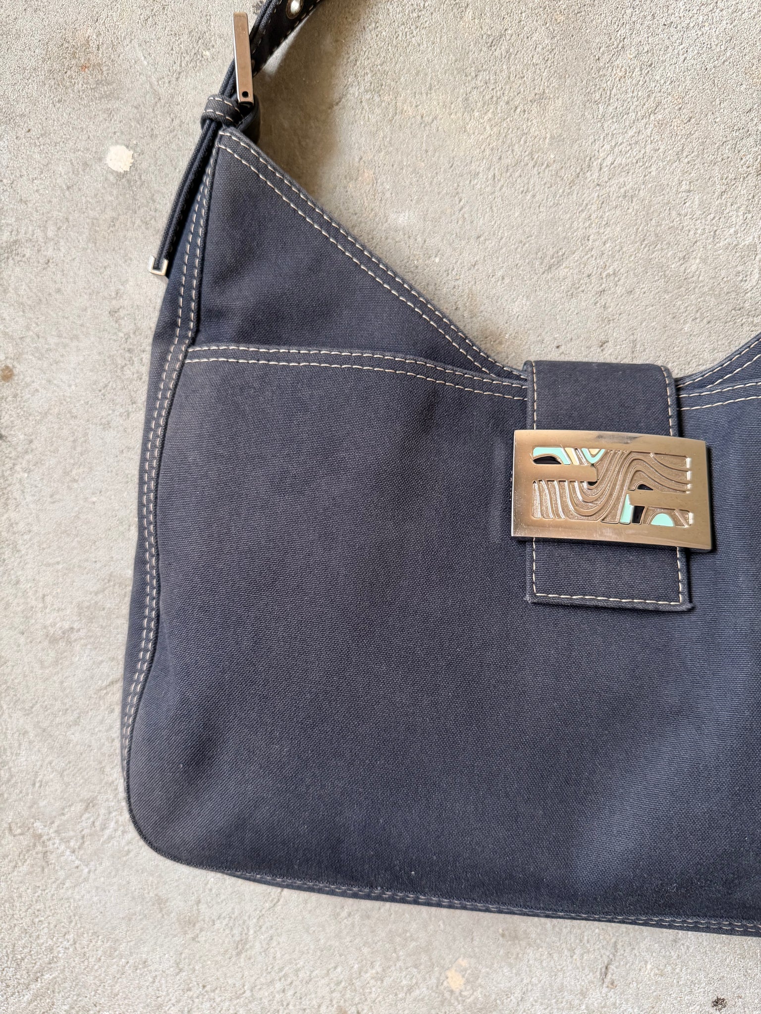 Fendi FF Hobo Baguette Denim Shoulder Bag Blue