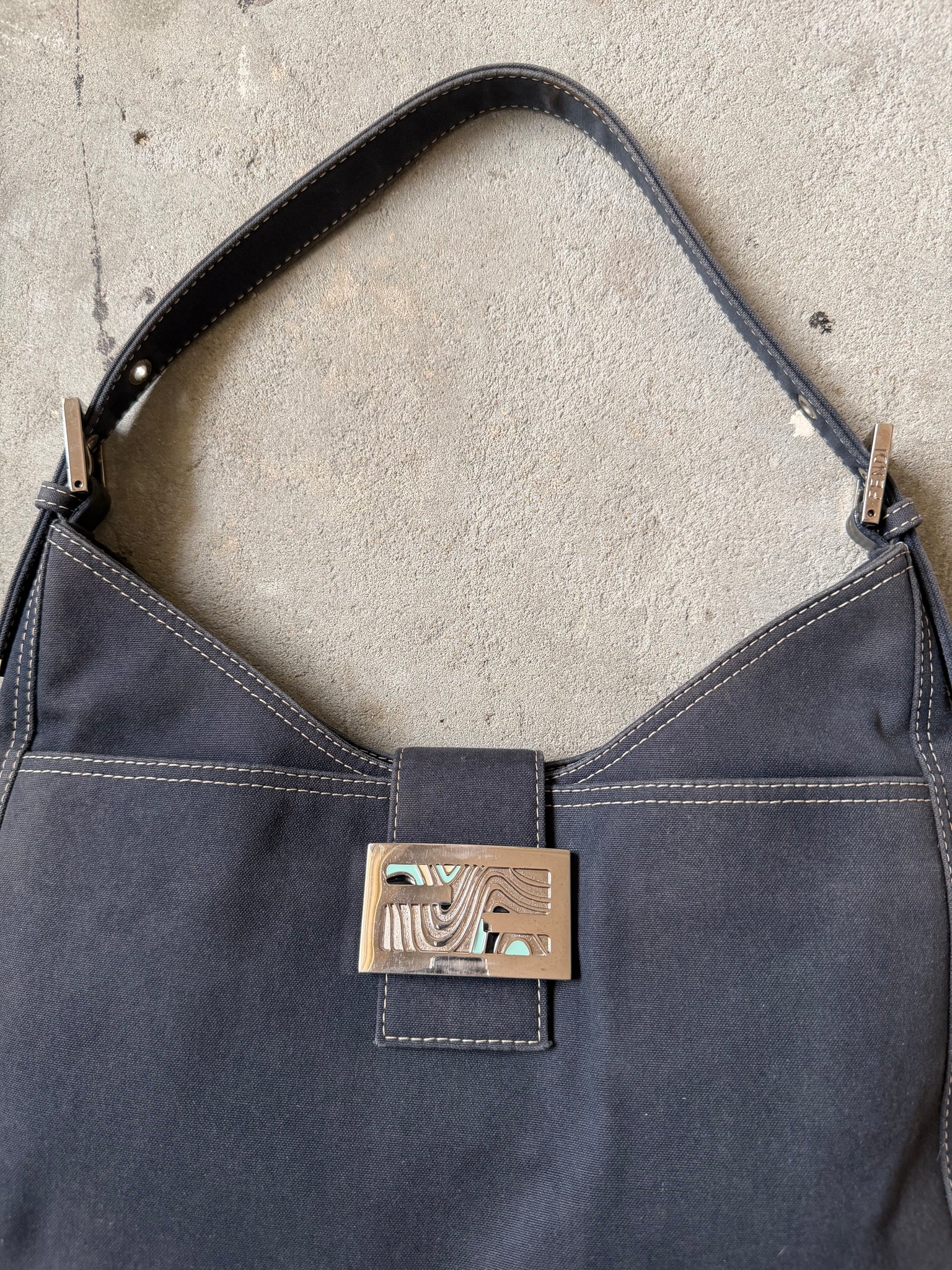 Fendi FF Hobo Baguette Denim Shoulder Bag Blue