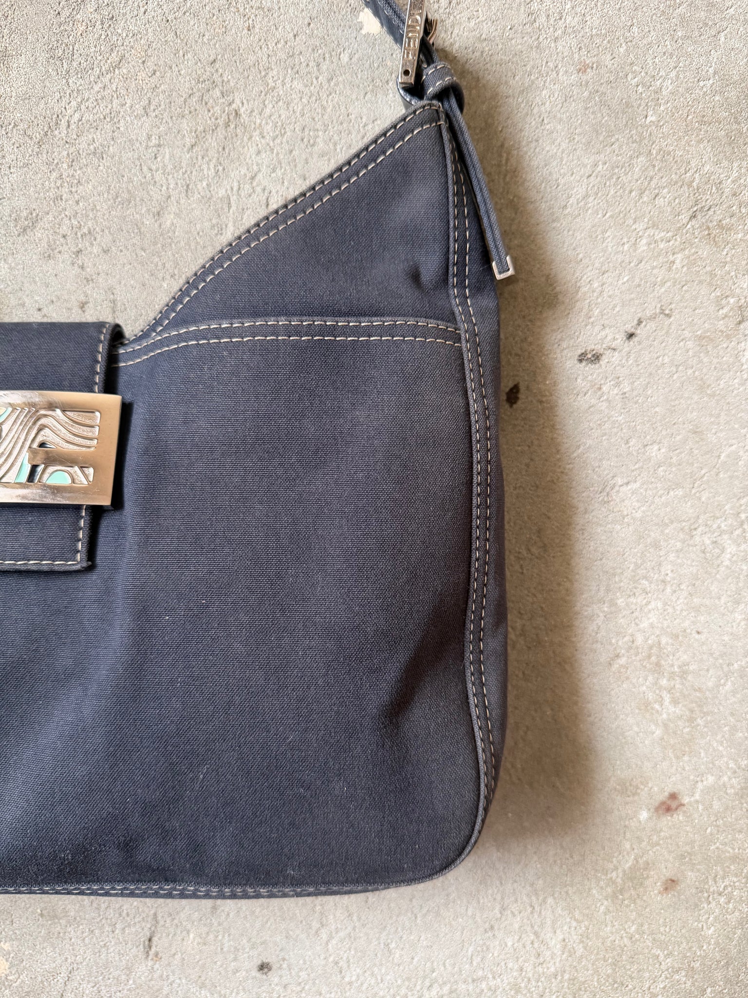 Fendi FF Hobo Baguette Denim Shoulder Bag Blue