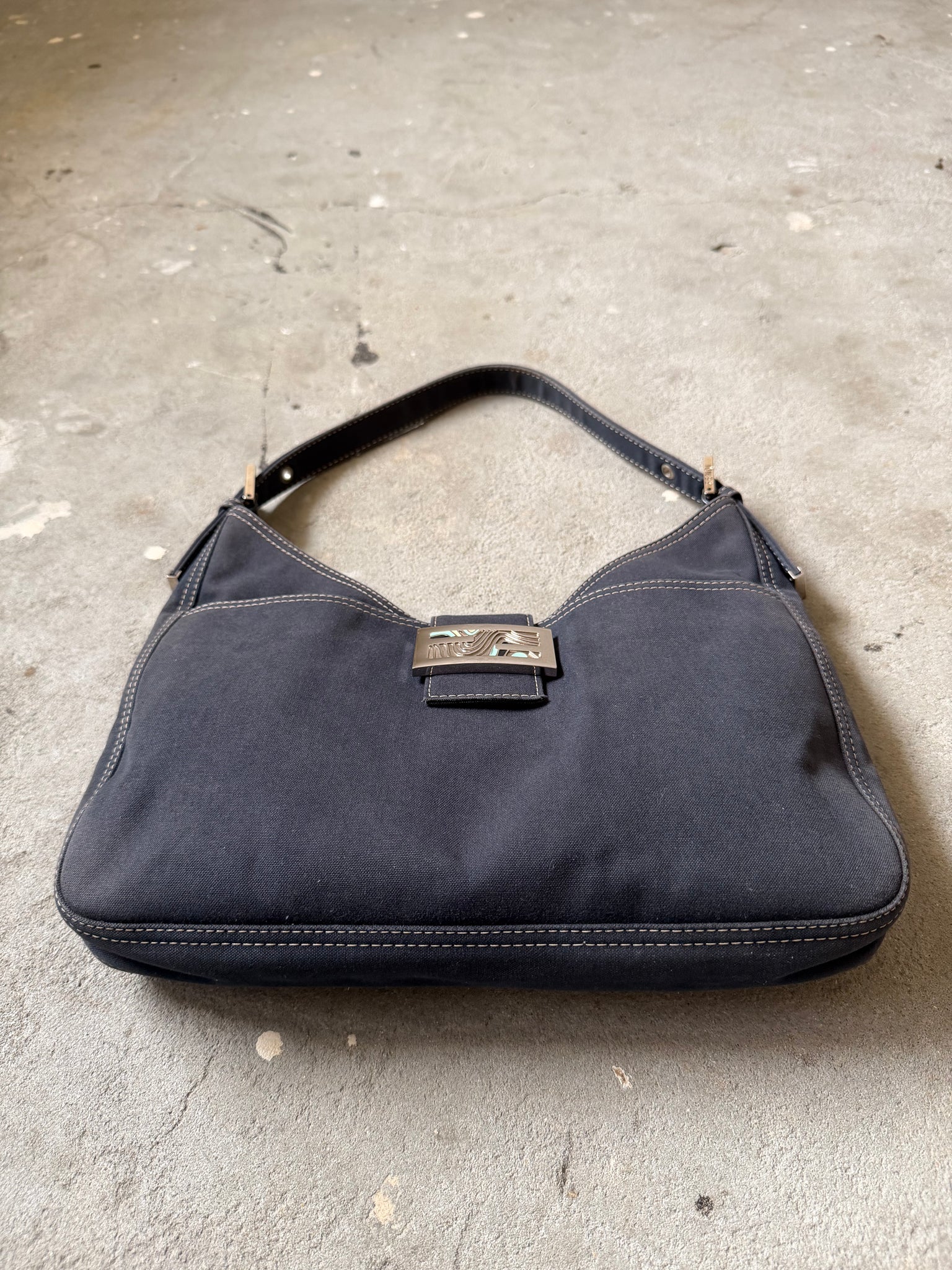 Fendi FF Hobo Baguette Denim Shoulder Bag Blue