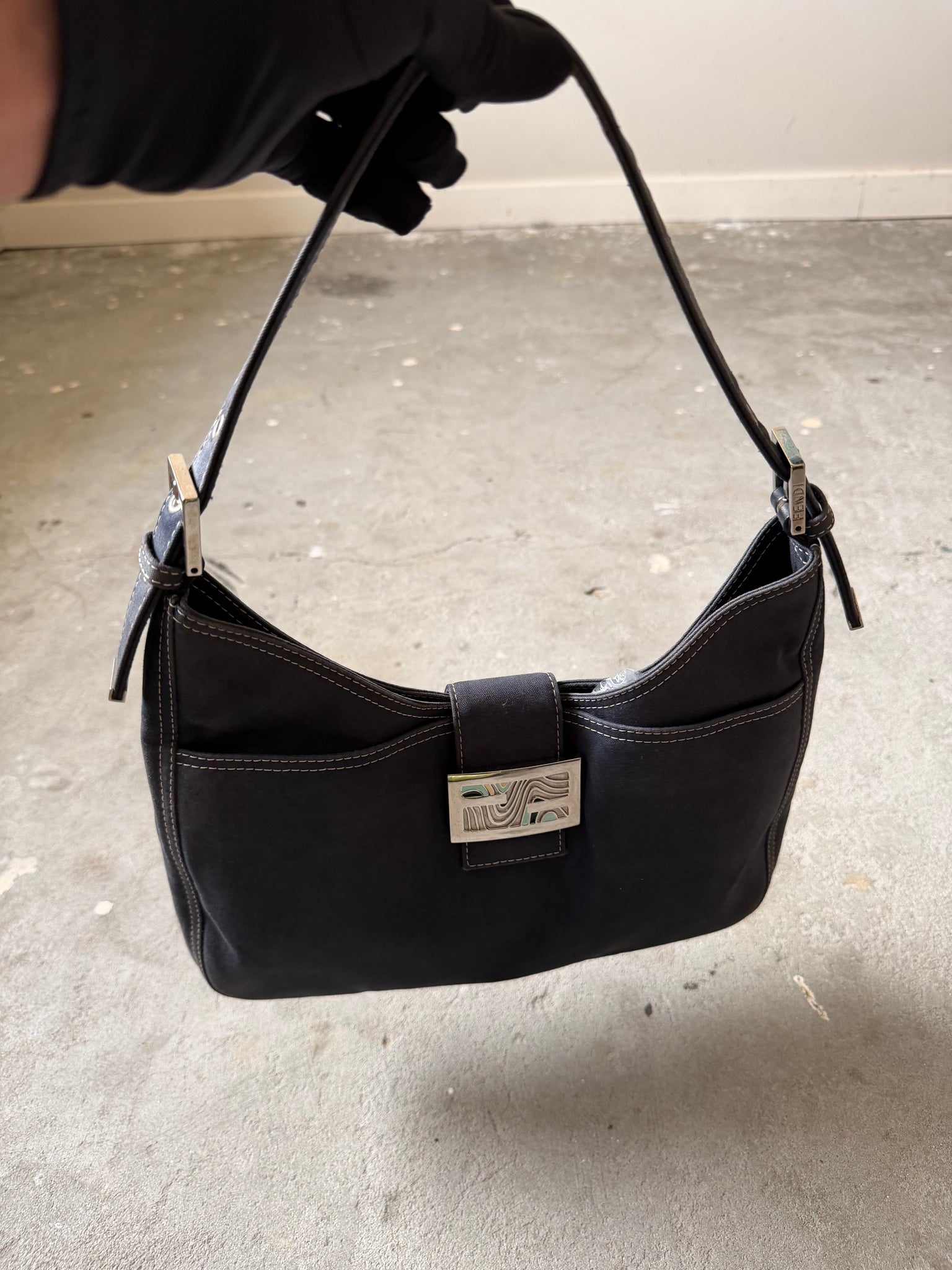 Fendi FF Hobo Baguette Denim Shoulder Bag Blue