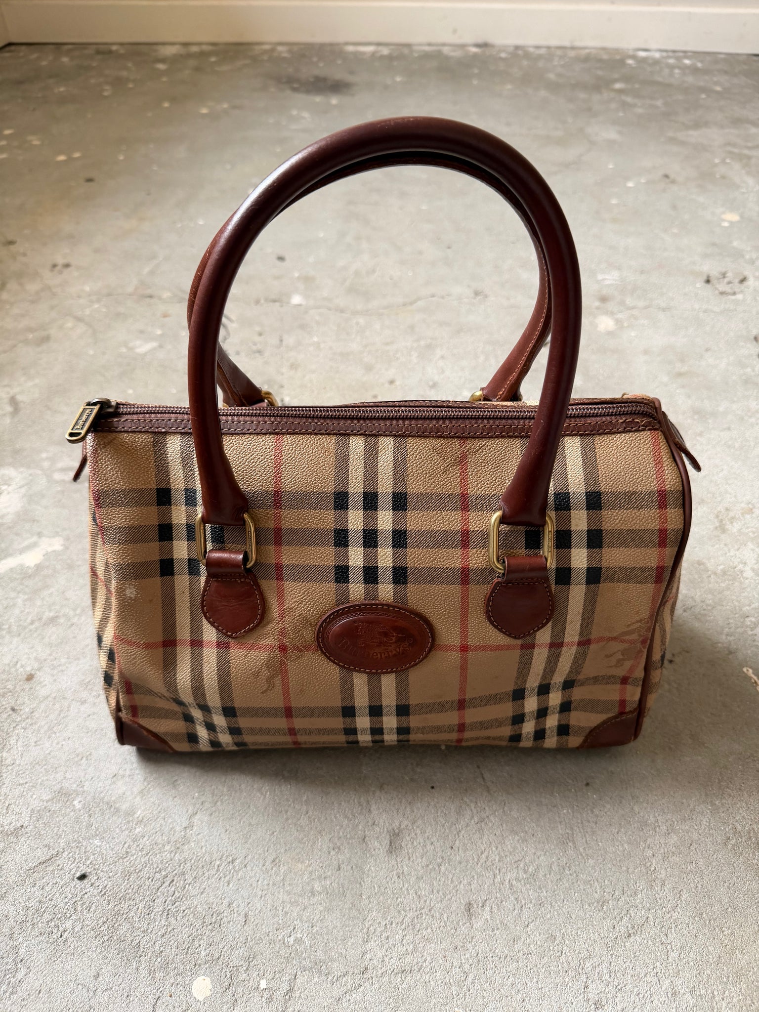 Burberry Nova Checkered Boston Bag Brown