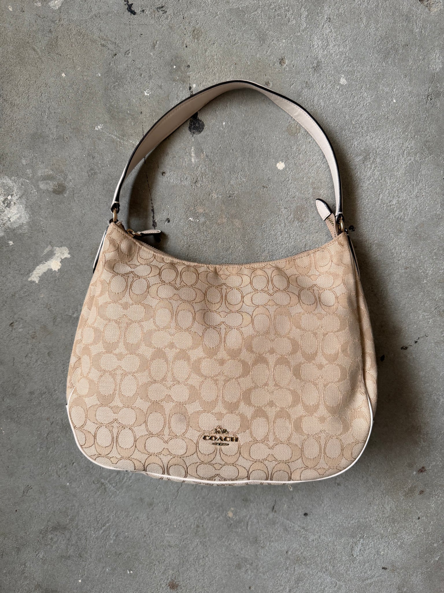 Coach Signature Hobo Canvas Shoulder Bag Beige/White