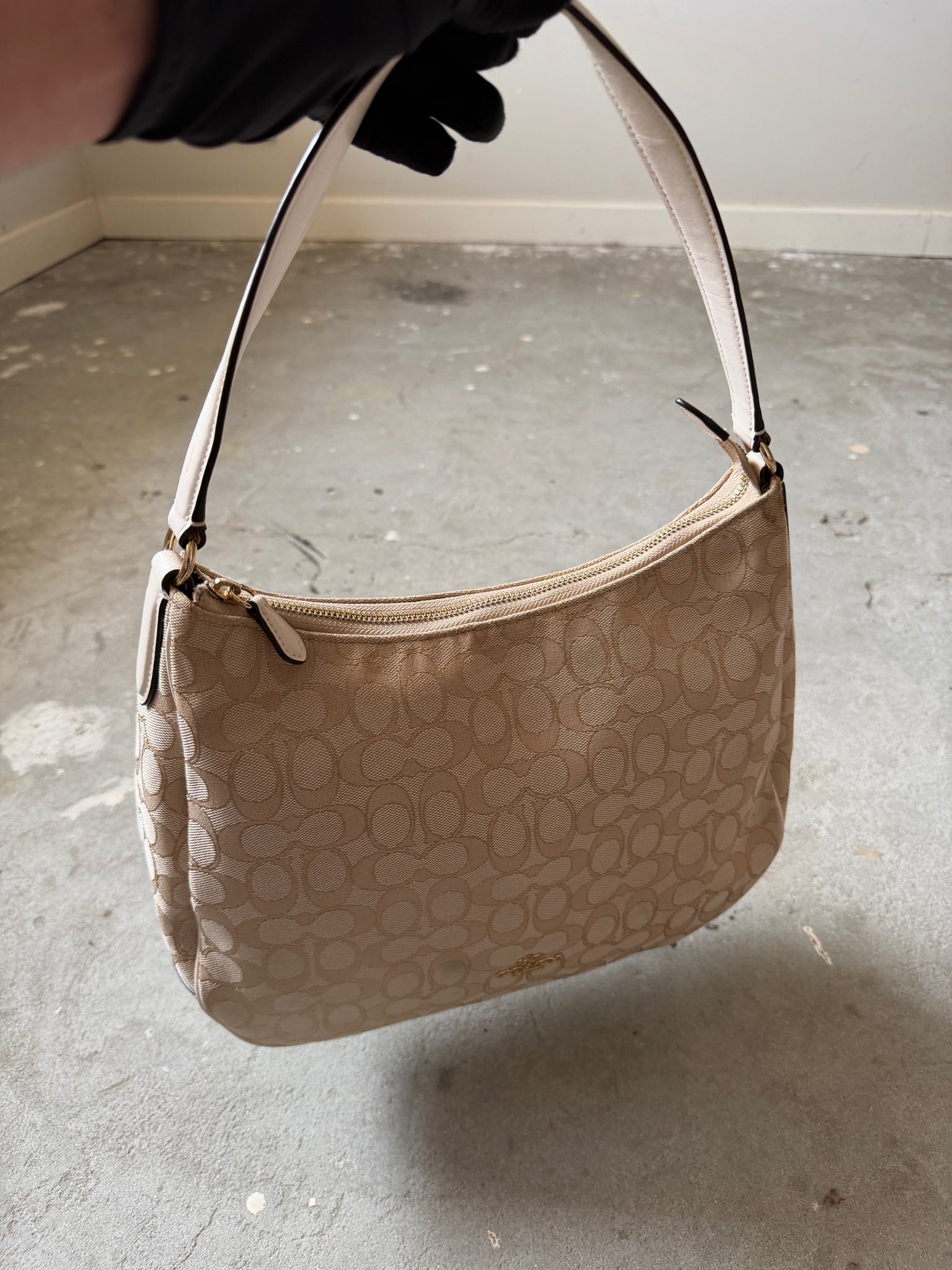 Coach Signature Hobo Canvas Shoulder Bag Beige/White