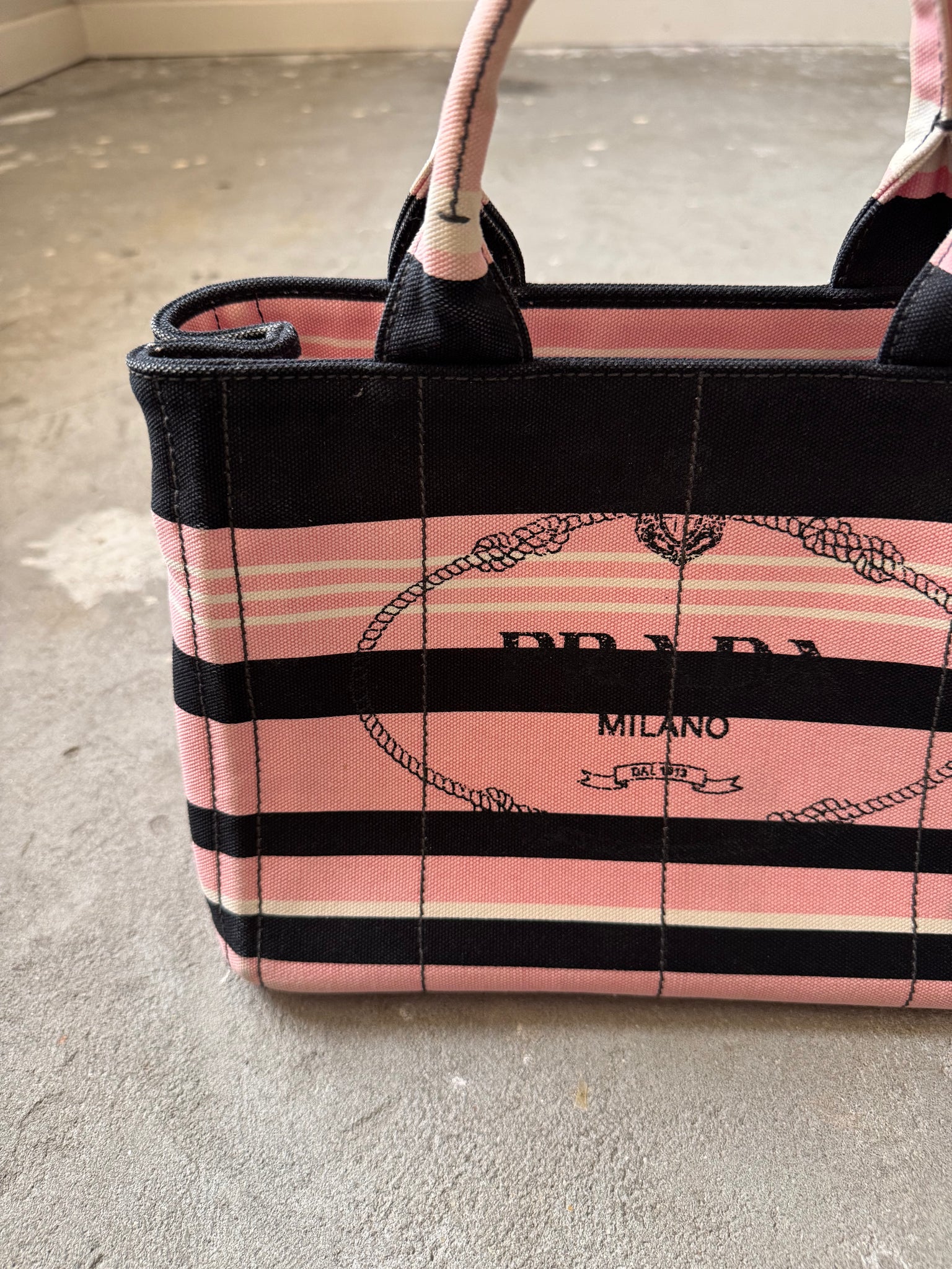 Prada Canapa Tote Bag Stripped Pink/Black