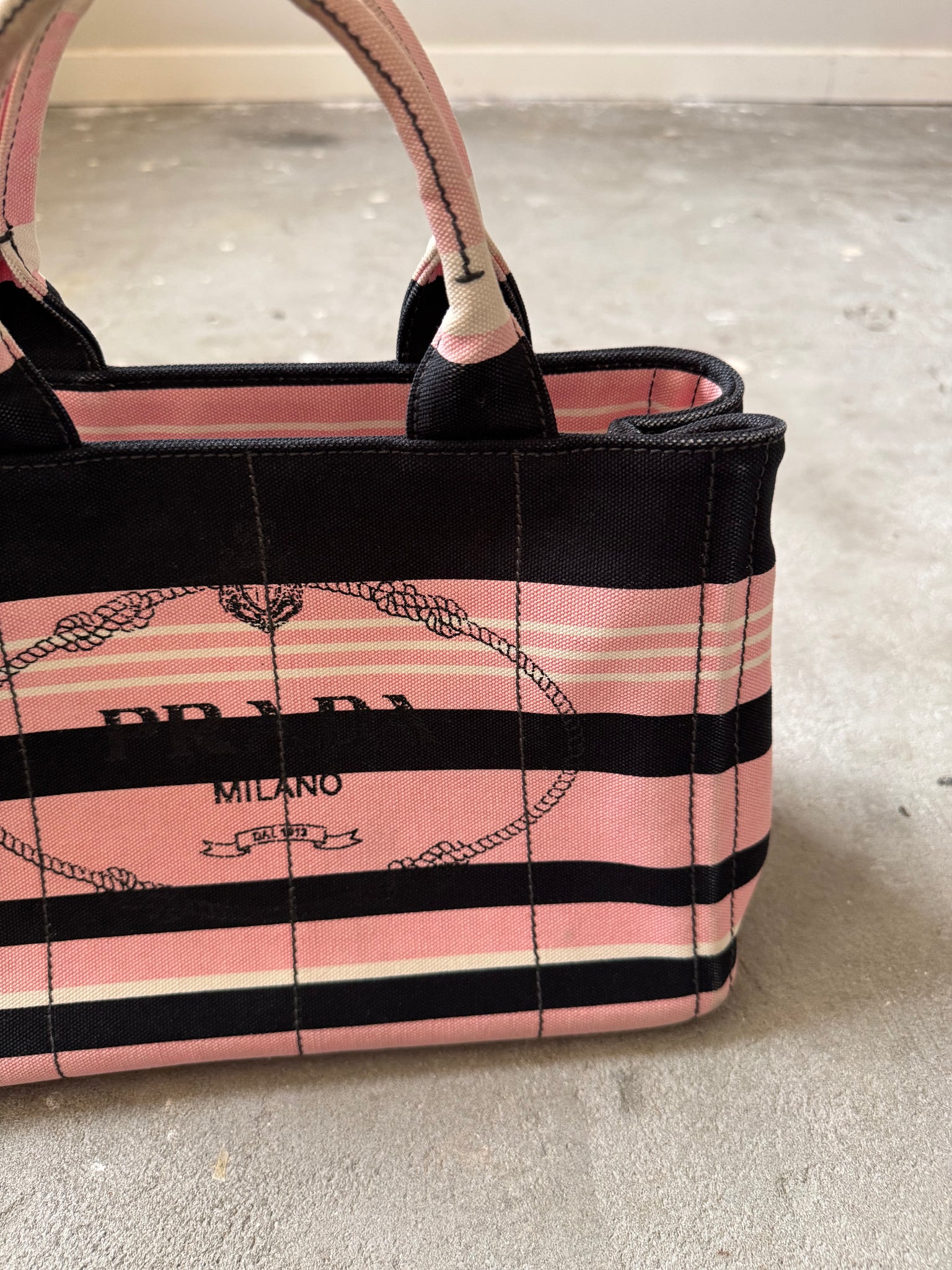 Prada Canapa Tote Bag Stripped Pink/Black