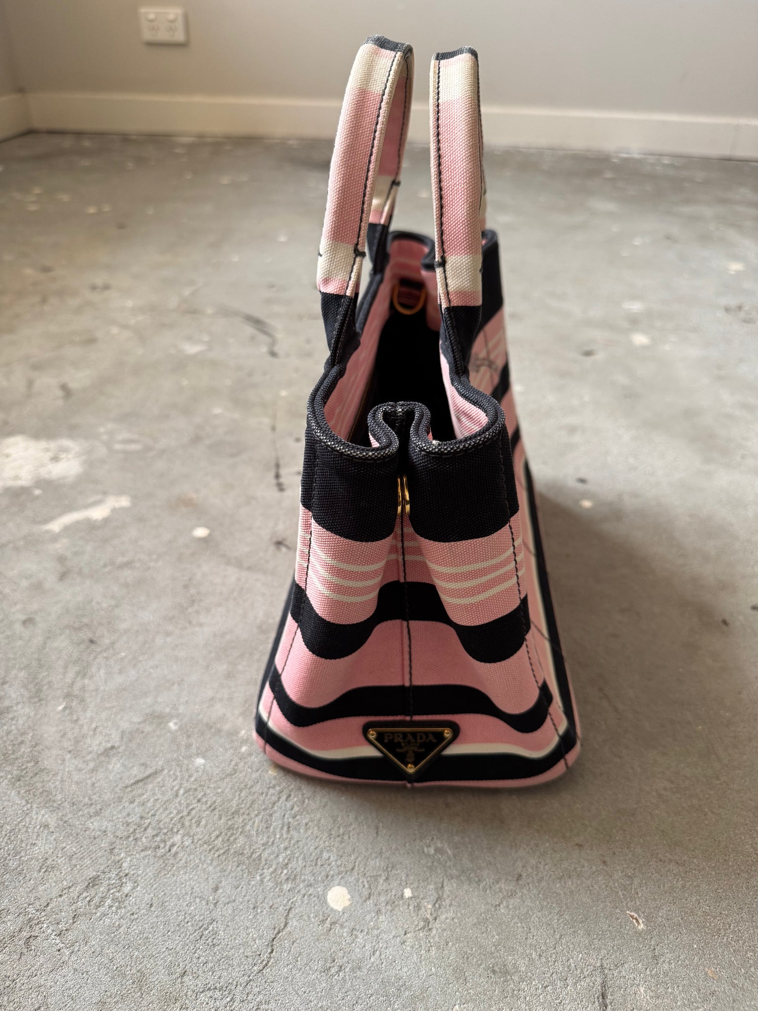 Prada Canapa Tote Bag Stripped Pink/Black