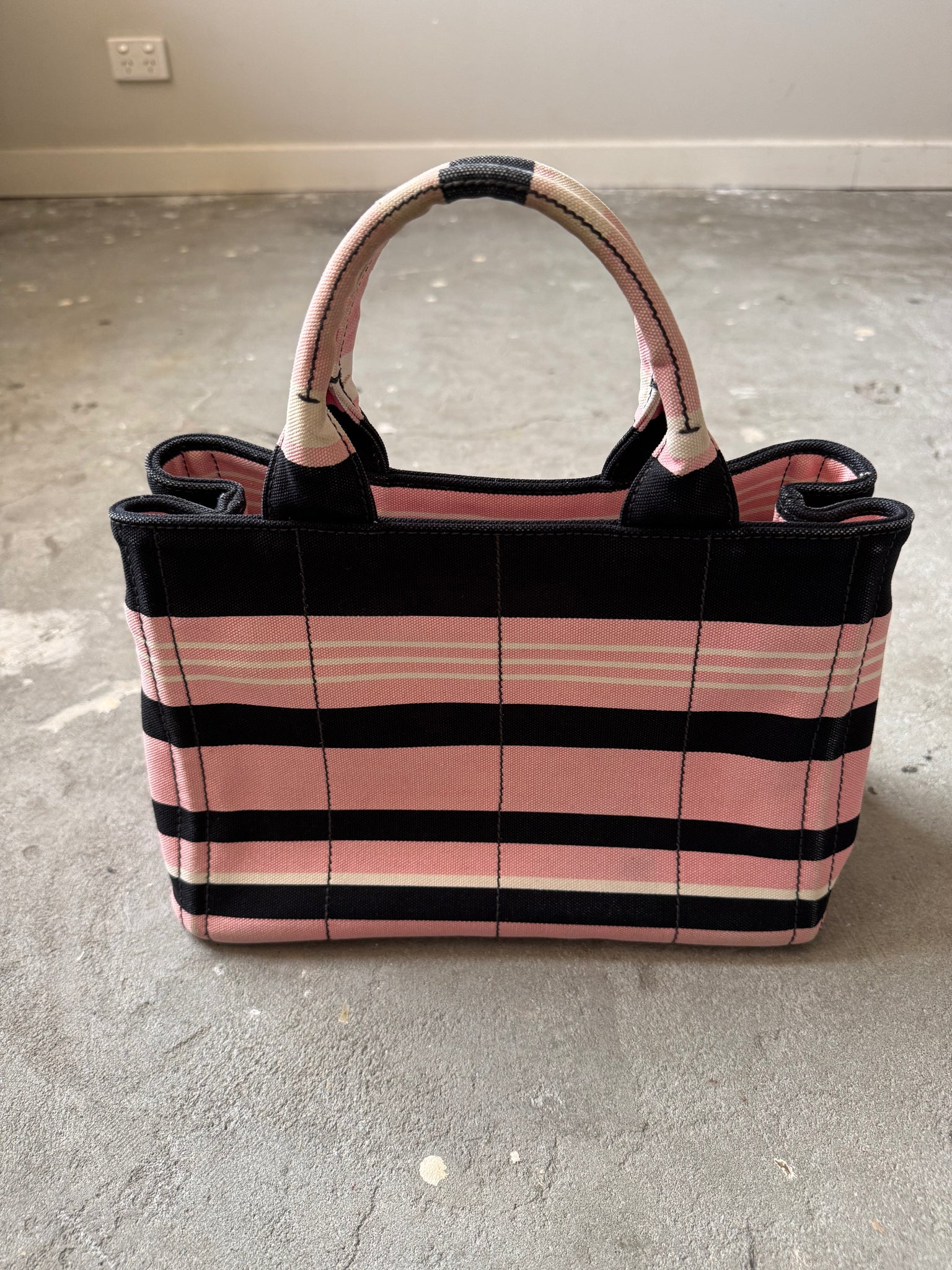 Prada Canapa Tote Bag Stripped Pink/Black