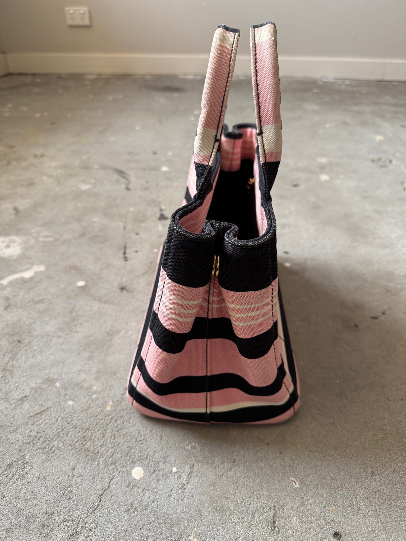 Prada Canapa Tote Bag Stripped Pink/Black
