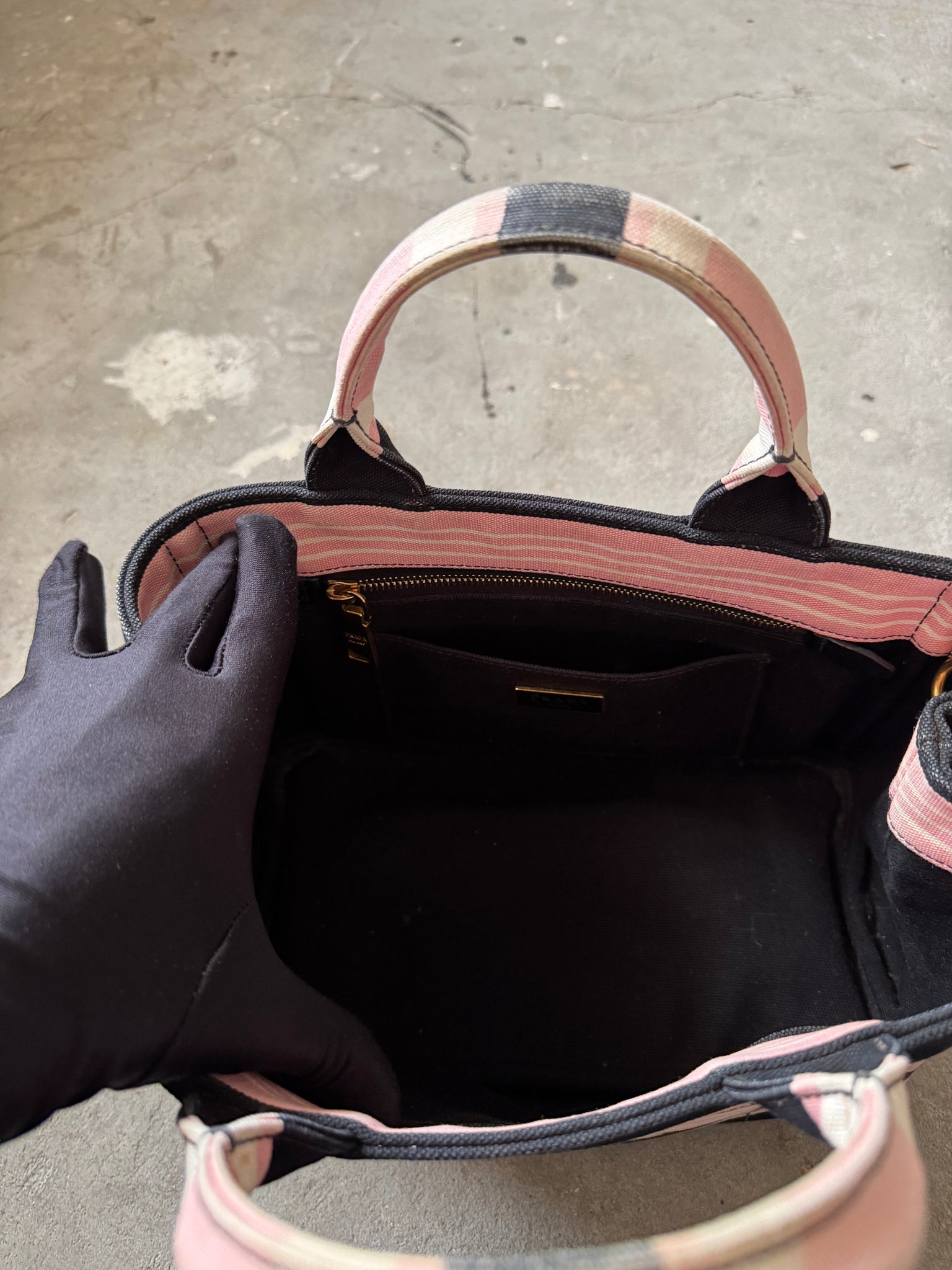 Prada Canapa Tote Bag Stripped Pink/Black