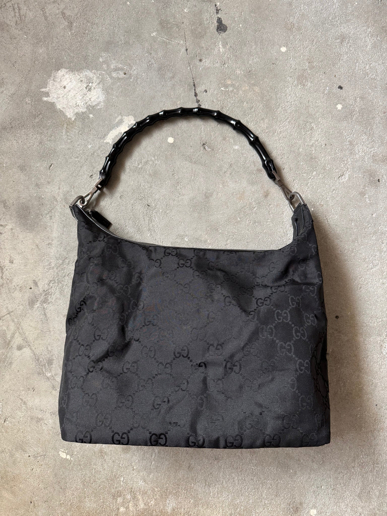 Gucci GG Monogram Bamboo Nylon Shoulder Bag Black