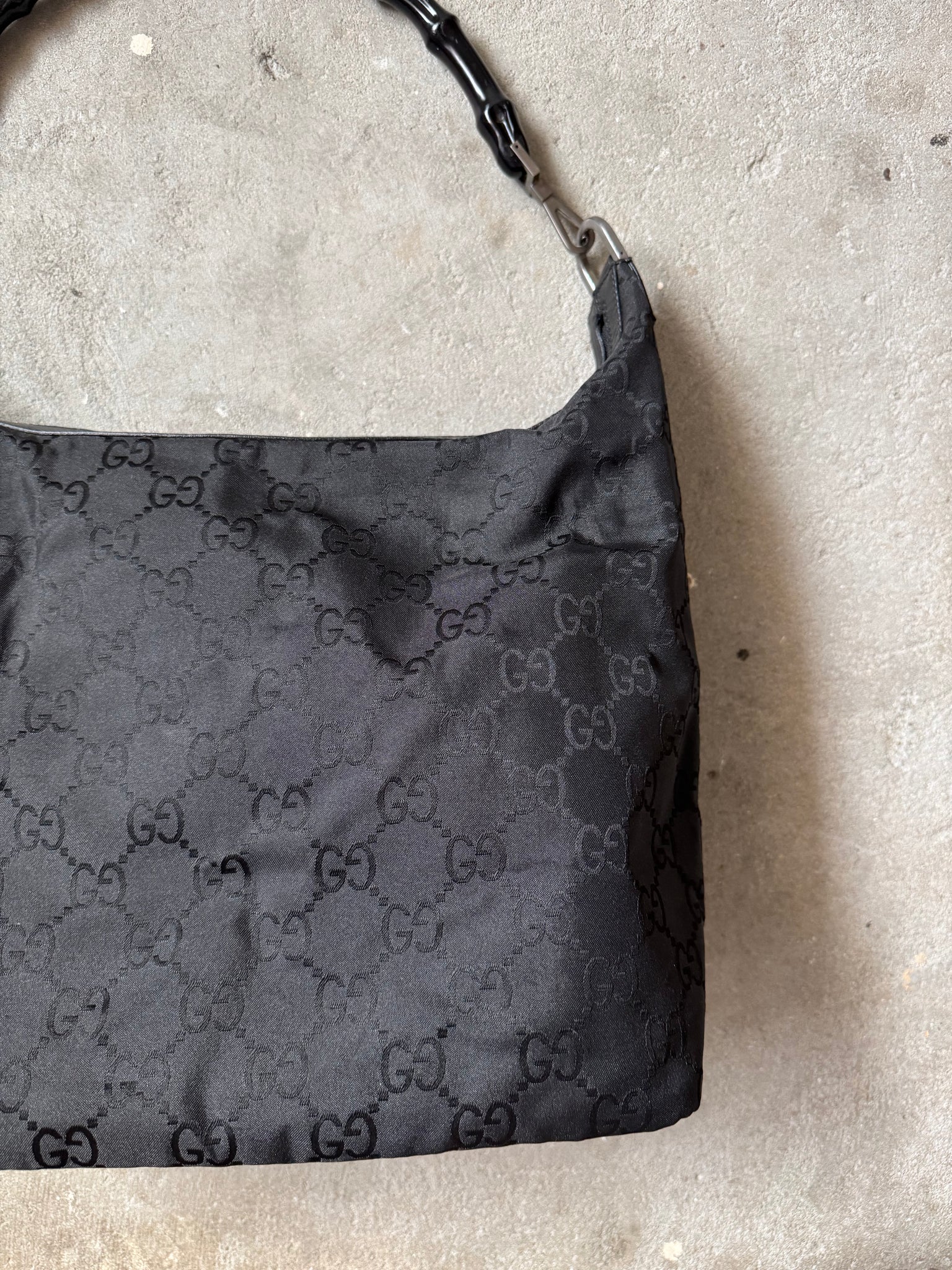 Gucci GG Monogram Bamboo Nylon Shoulder Bag Black
