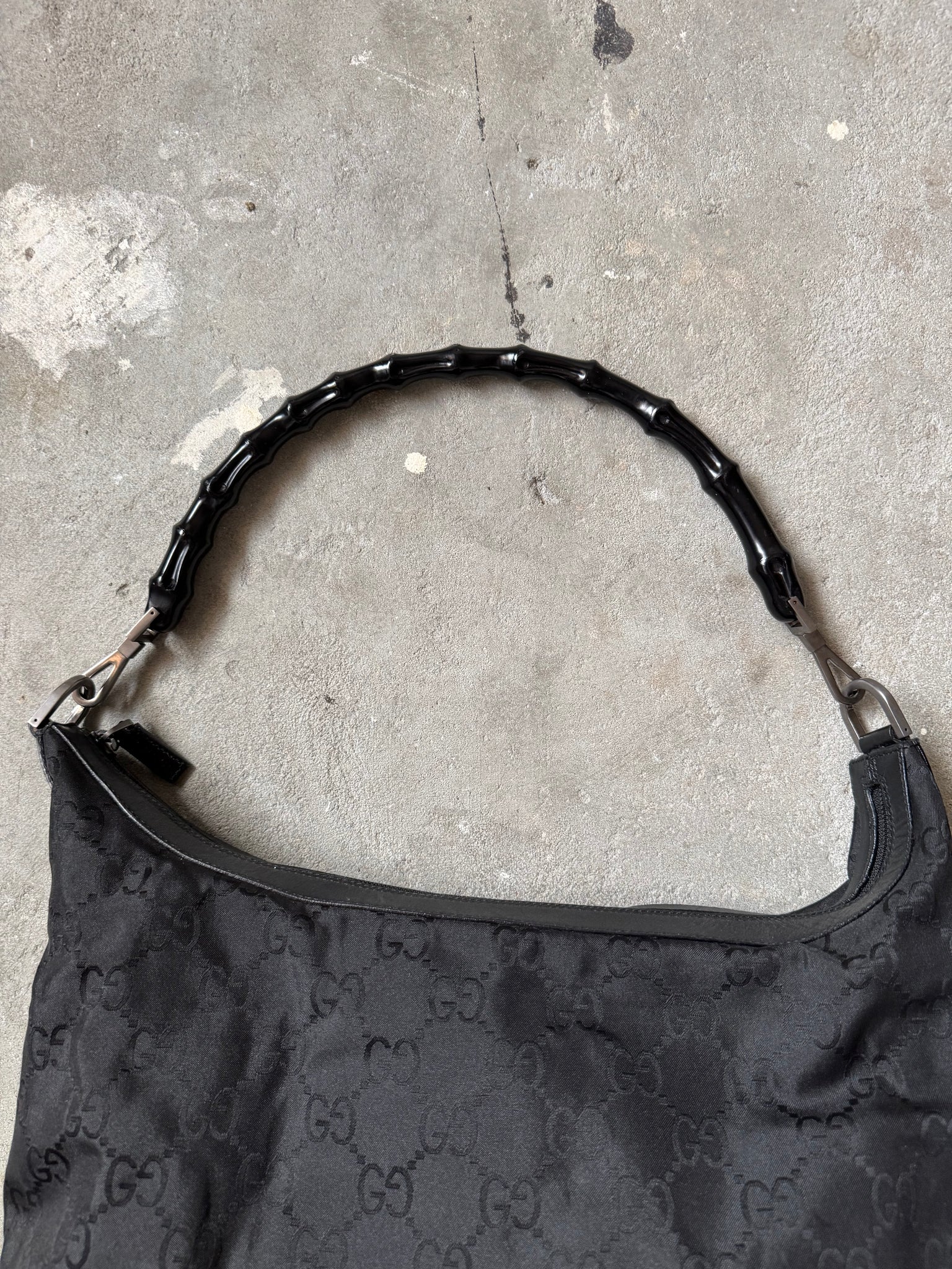 Gucci GG Monogram Bamboo Nylon Shoulder Bag Black