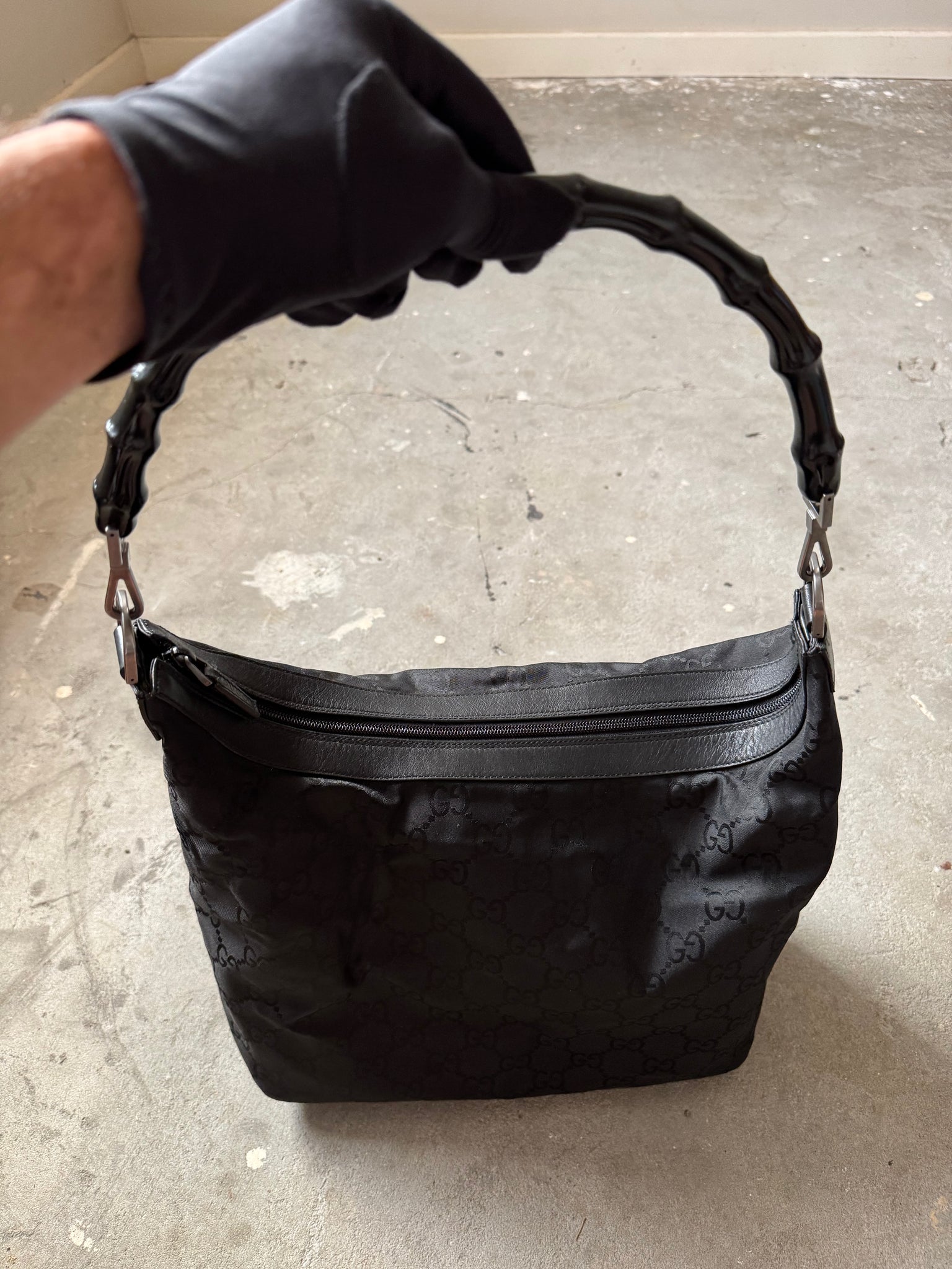 Gucci GG Monogram Bamboo Nylon Shoulder Bag Black