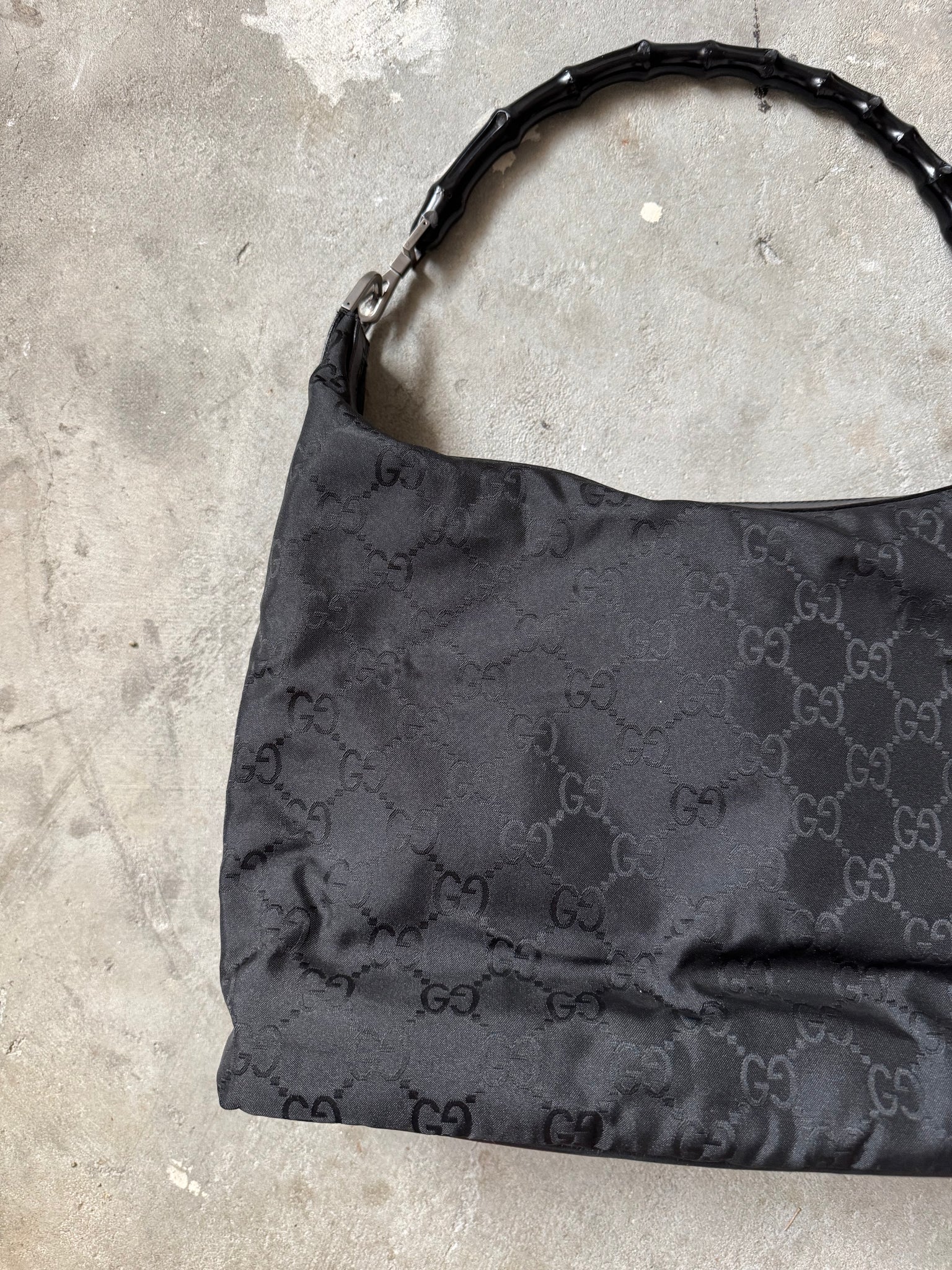 Gucci GG Monogram Bamboo Nylon Shoulder Bag Black