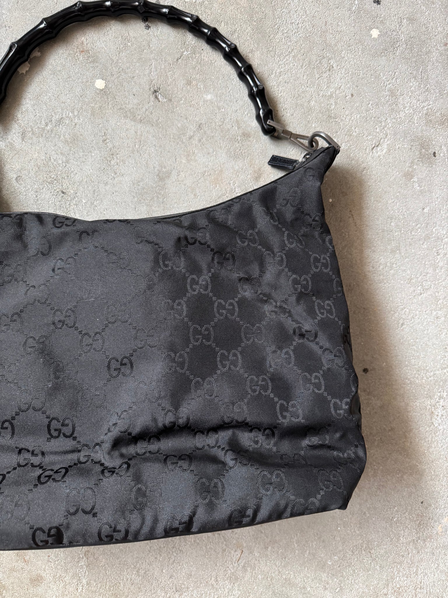 Gucci GG Monogram Bamboo Nylon Shoulder Bag Black