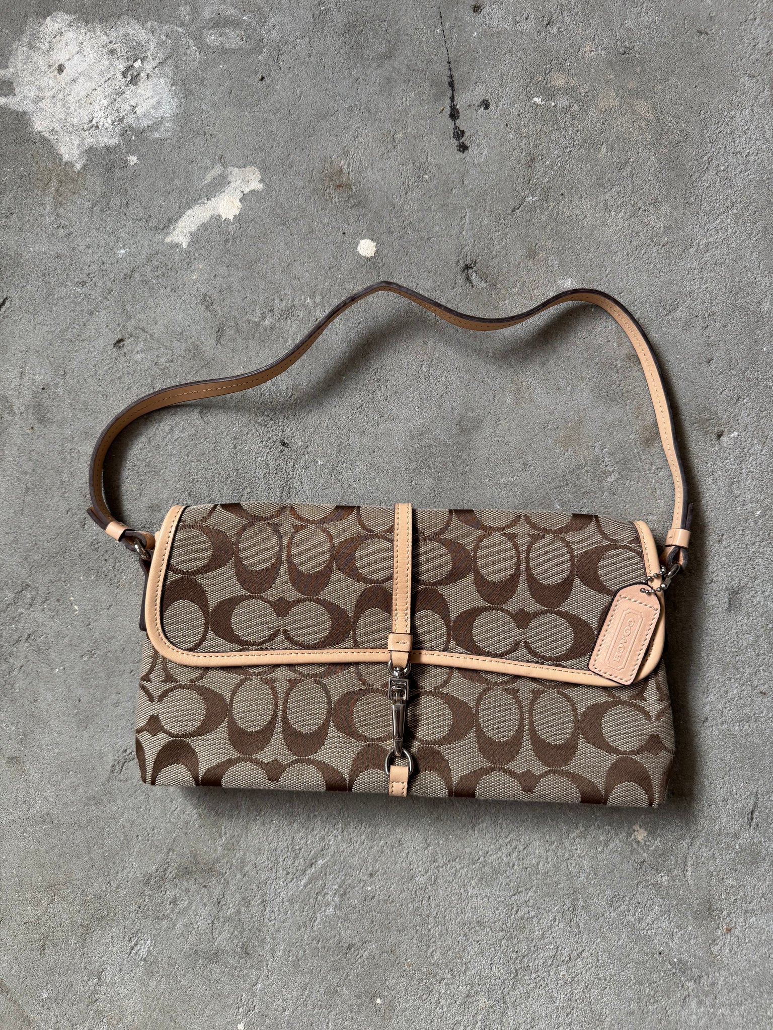 Coach Signature Demi Clip Baguette Beige Shoulder Bag