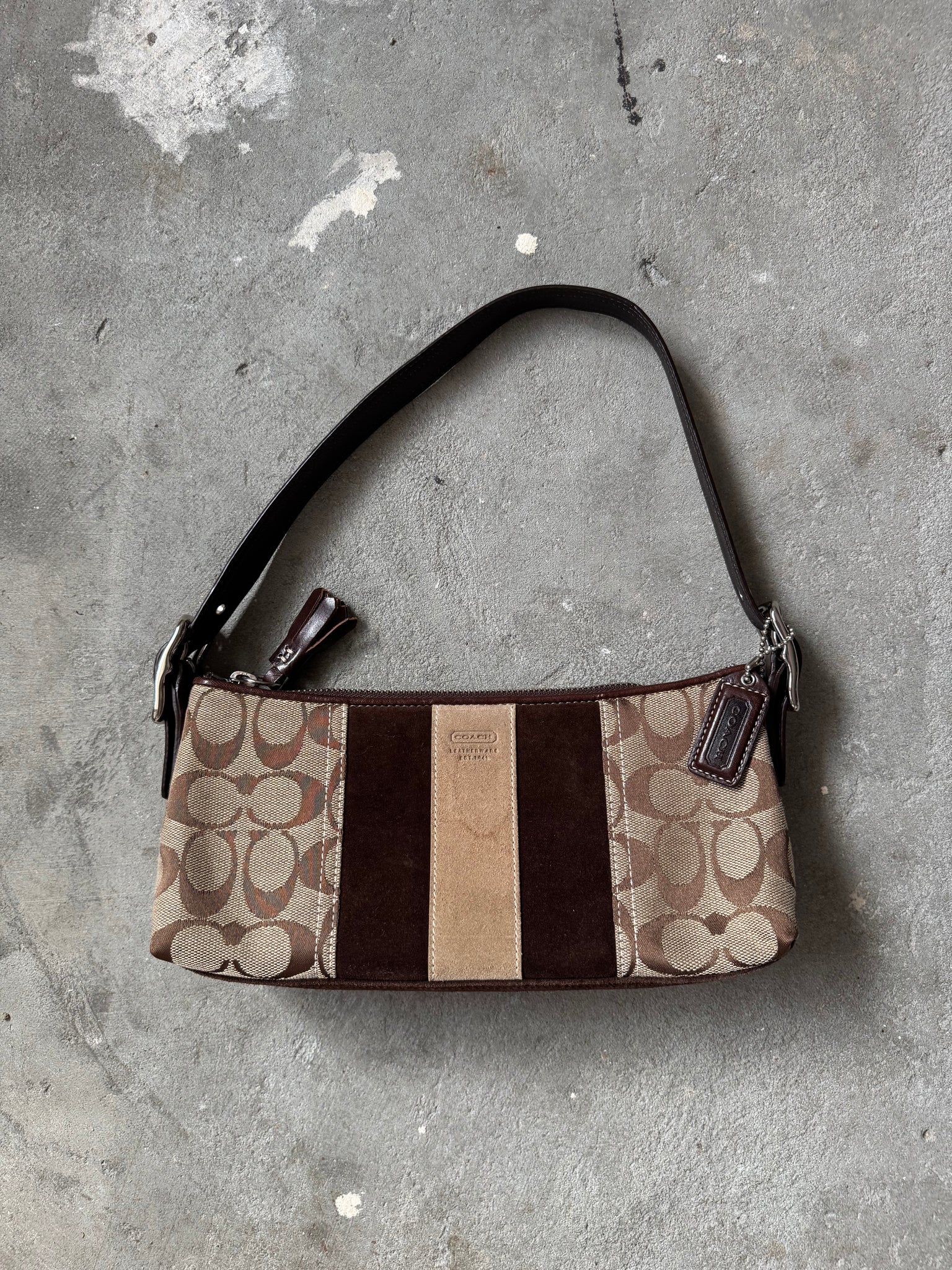 Coach Signature Hampton Strip Baguette Shoulder Bag Beige