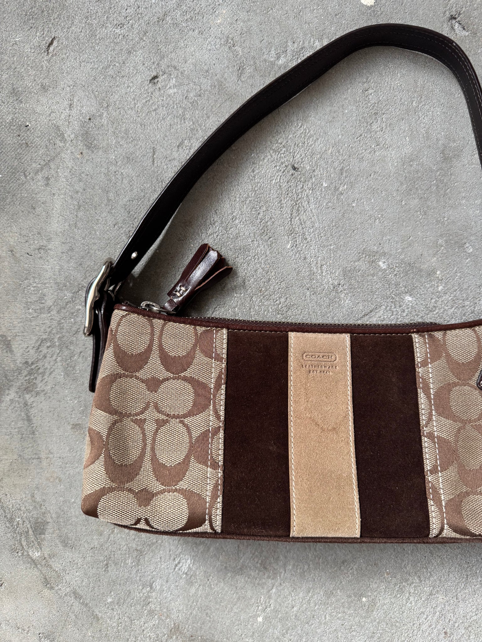 Coach Signature Hampton Strip Baguette Shoulder Bag Beige