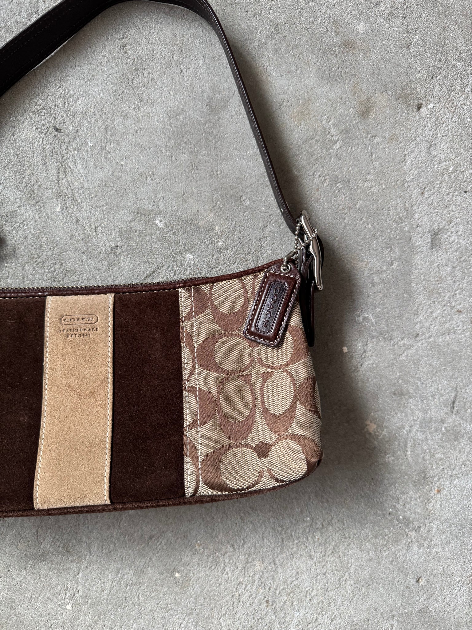 Coach Signature Hampton Strip Baguette Shoulder Bag Beige