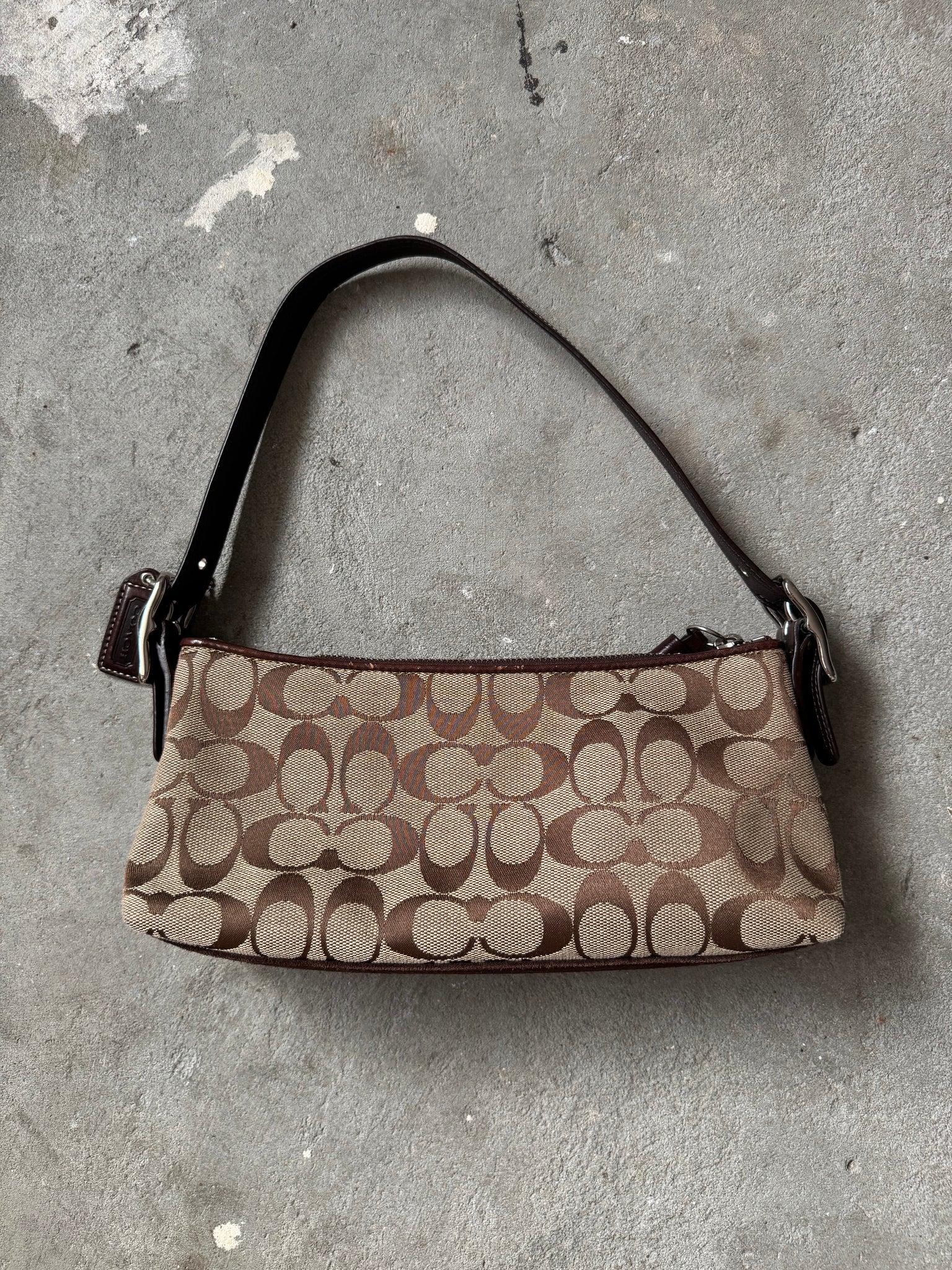 Coach Signature Hampton Strip Baguette Shoulder Bag Beige