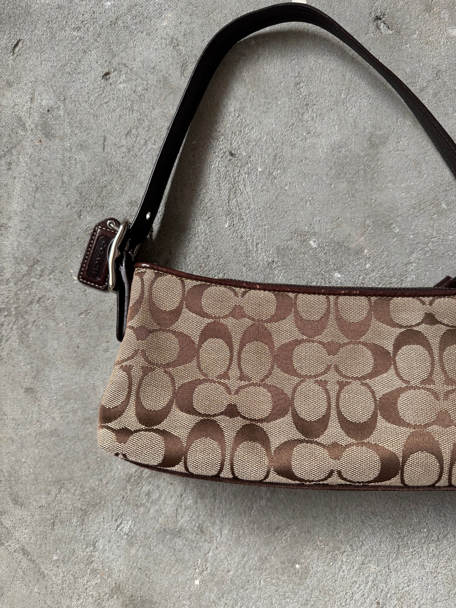 Coach Signature Hampton Strip Baguette Shoulder Bag Beige