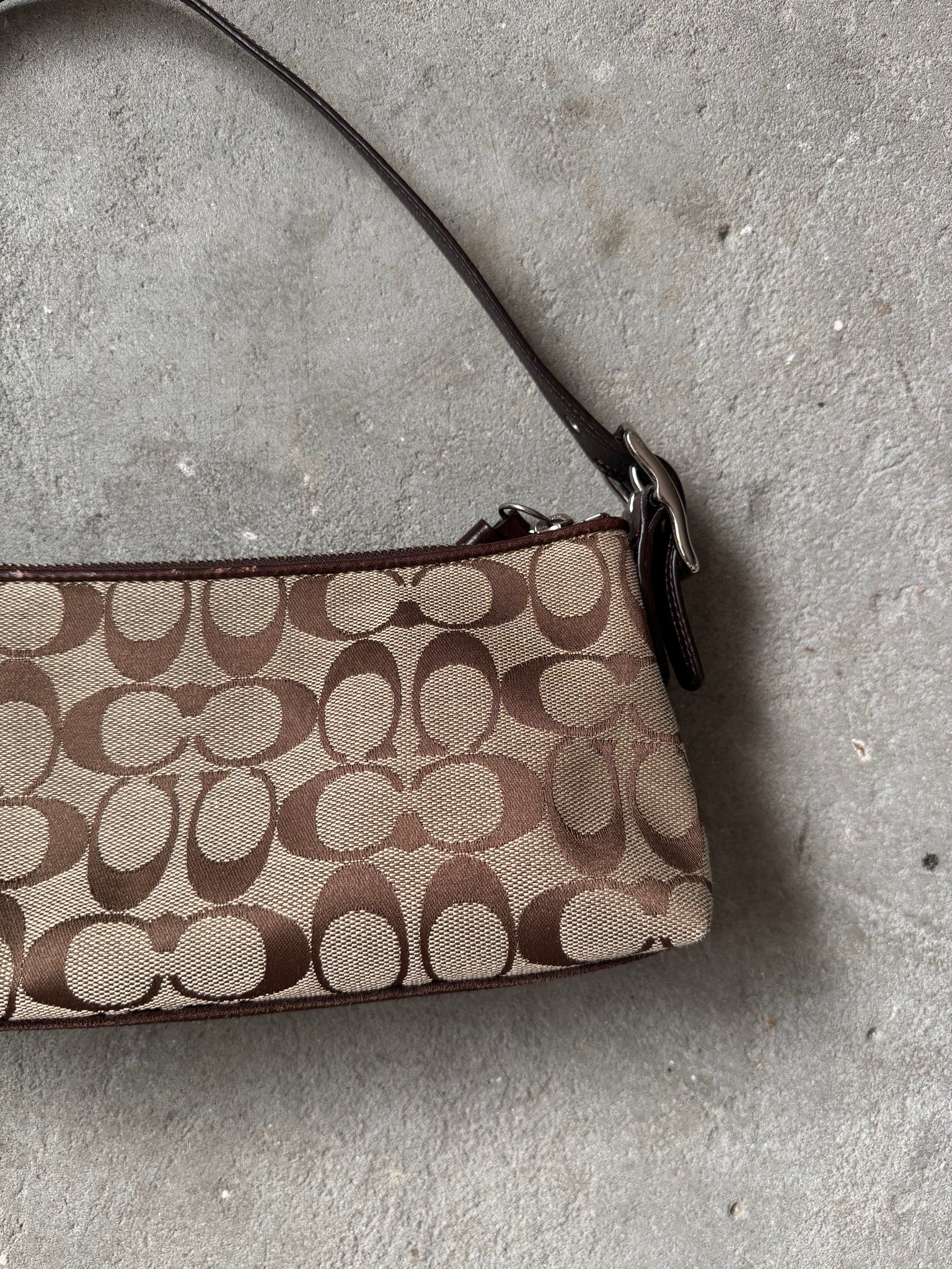 Coach Signature Hampton Strip Baguette Shoulder Bag Beige