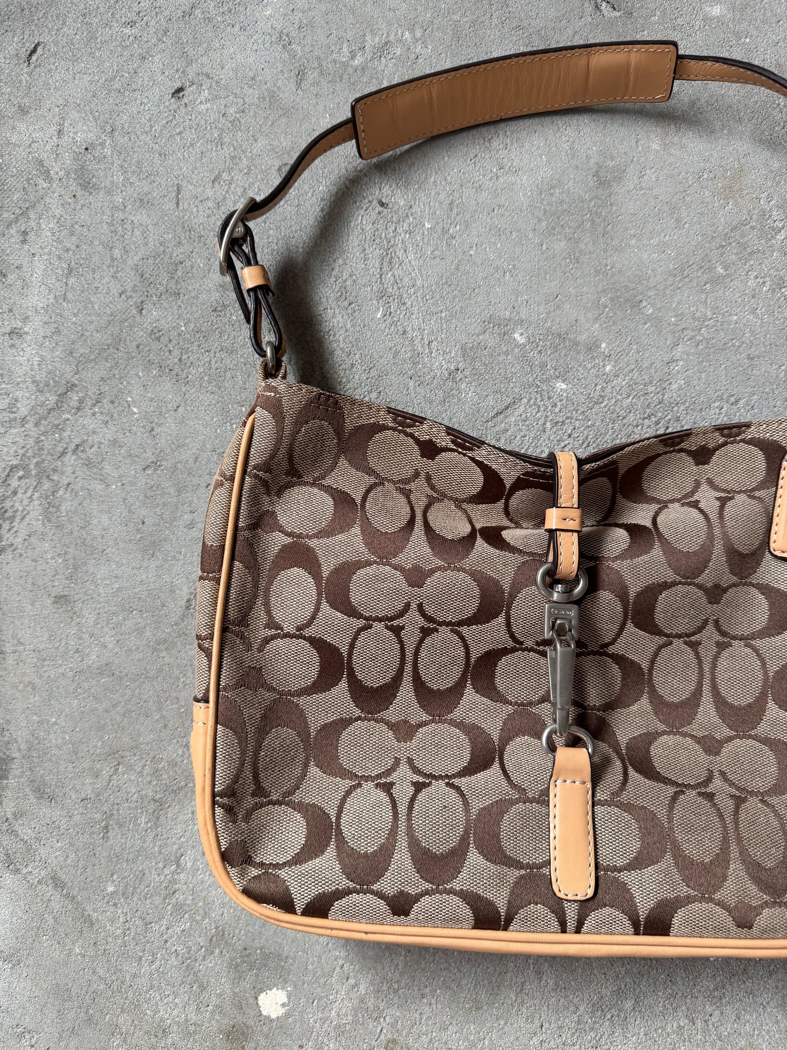 Coach Hobo Signature Clip Canvas Handbag Beige