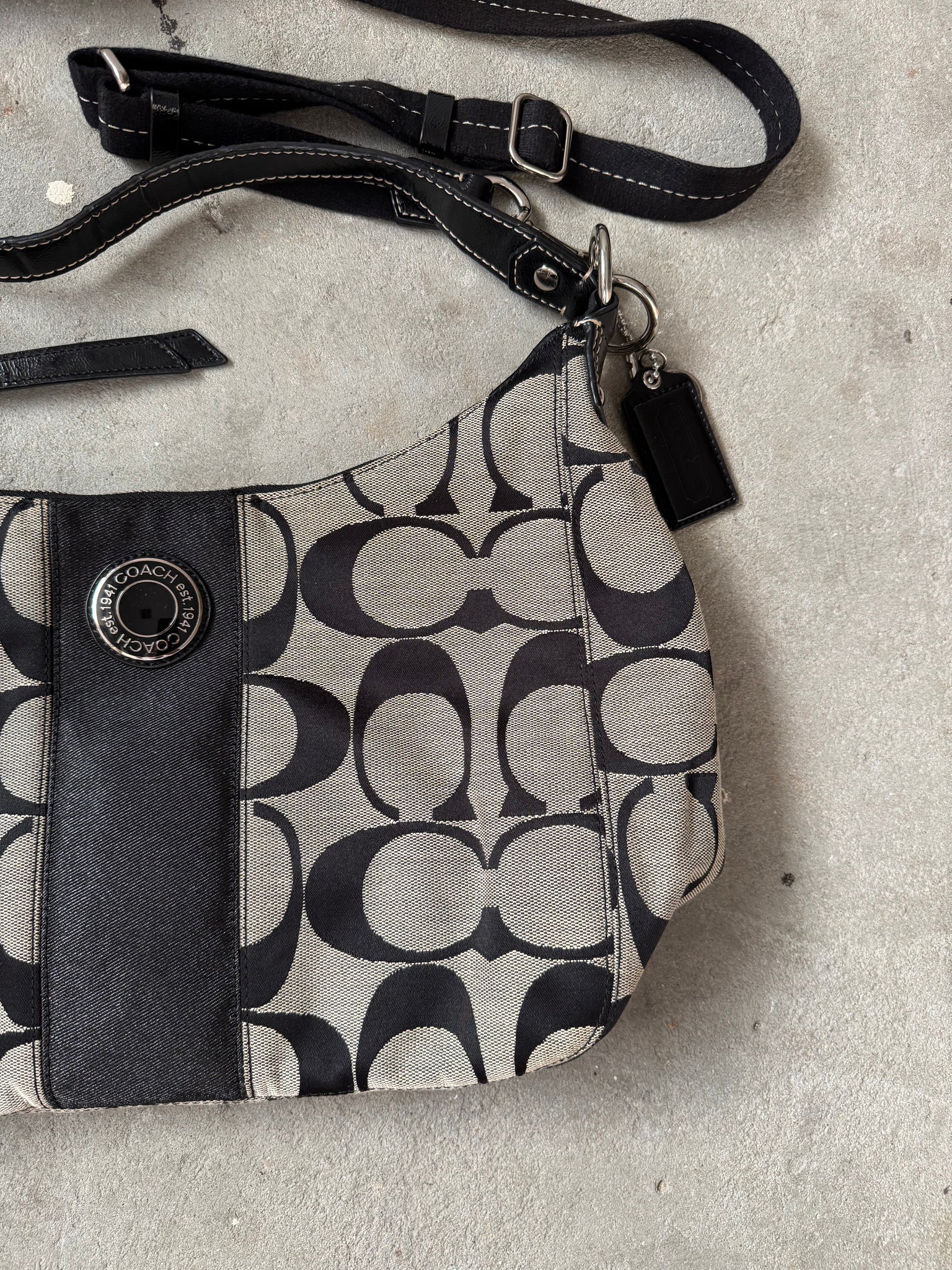 Coach 2Way Signature Strip Large Shoulder Bag Grey/Black