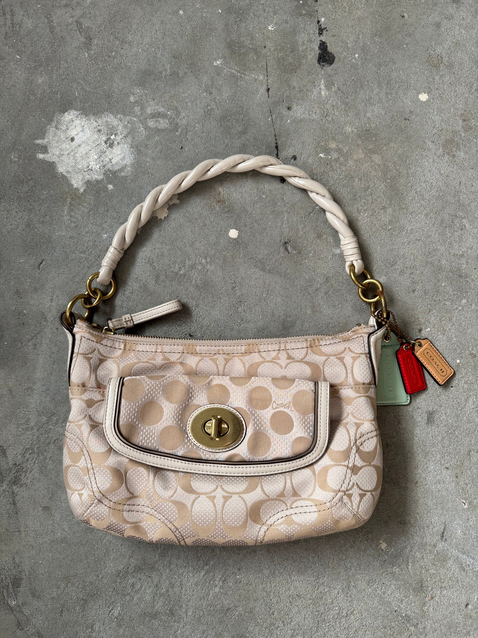 Coach 2Way Signature Dot Satin Canvas Shoulder Bag Beige