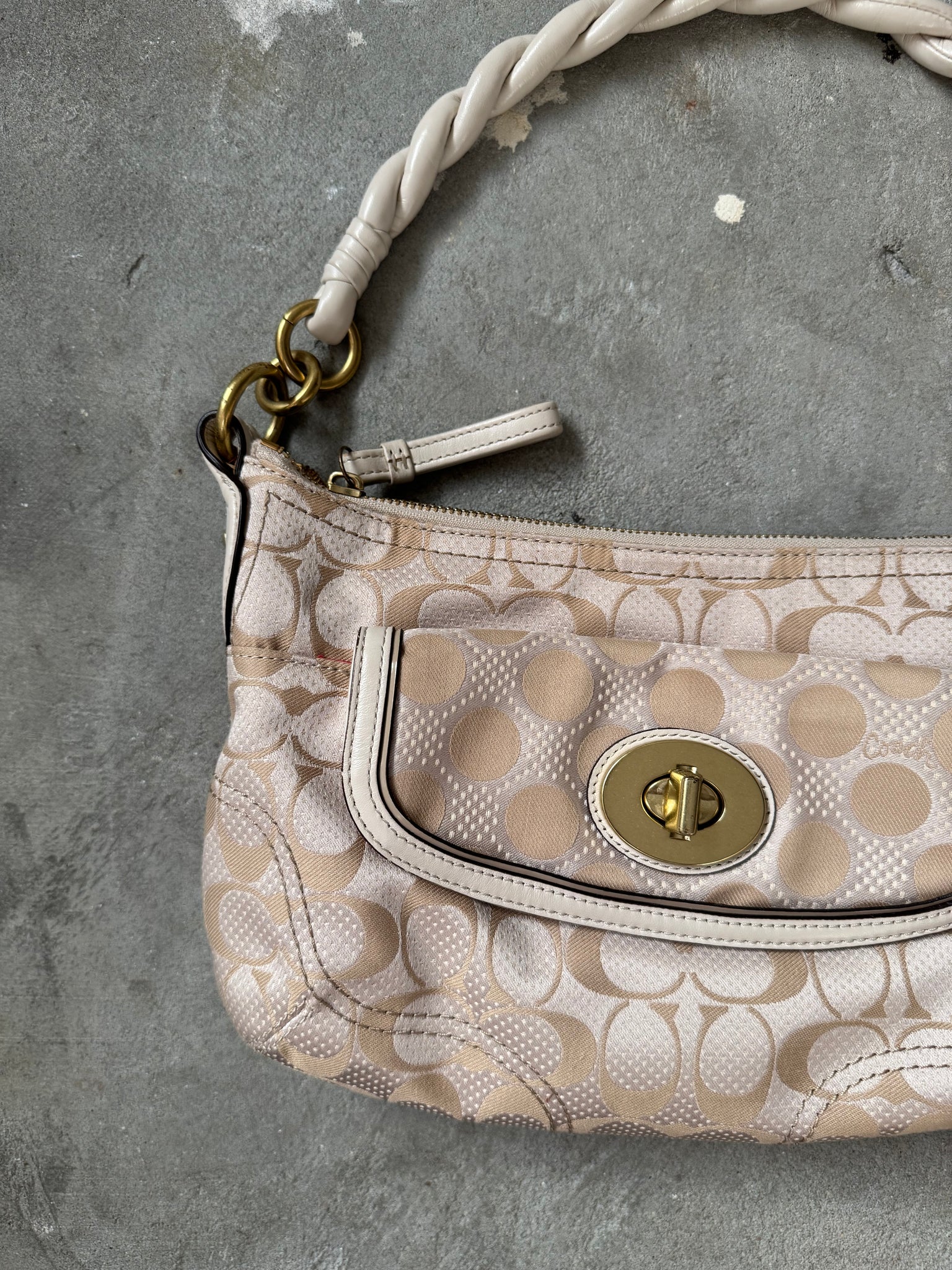 Coach 2Way Signature Dot Satin Canvas Shoulder Bag Beige