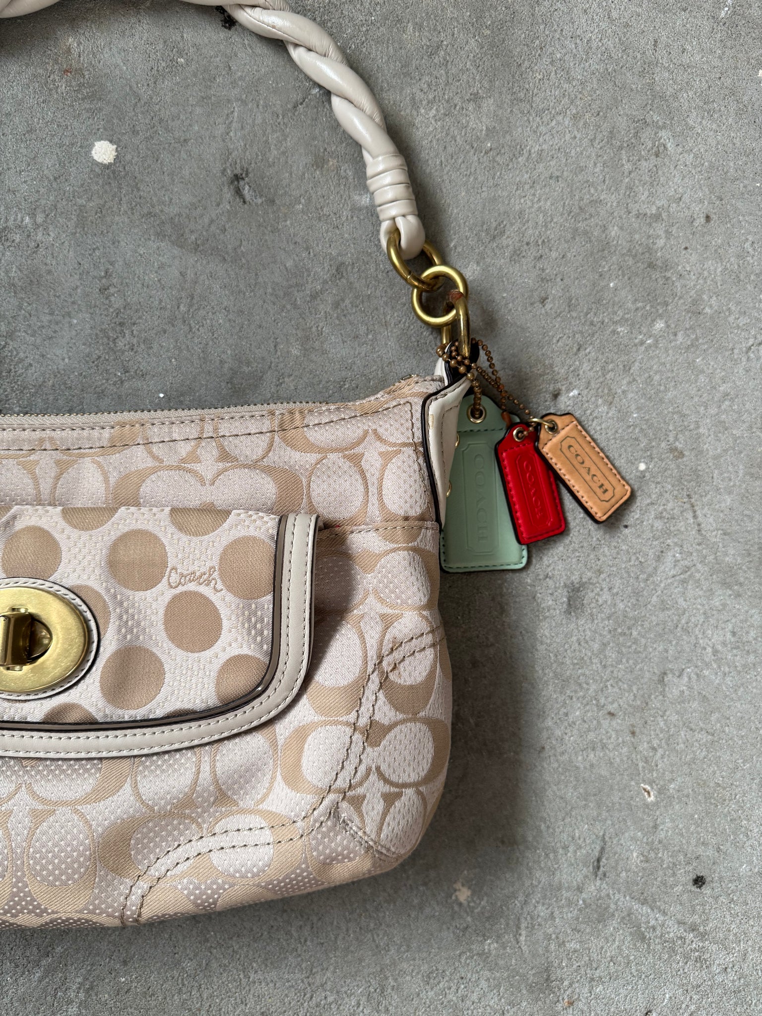 Coach 2Way Signature Dot Satin Canvas Shoulder Bag Beige