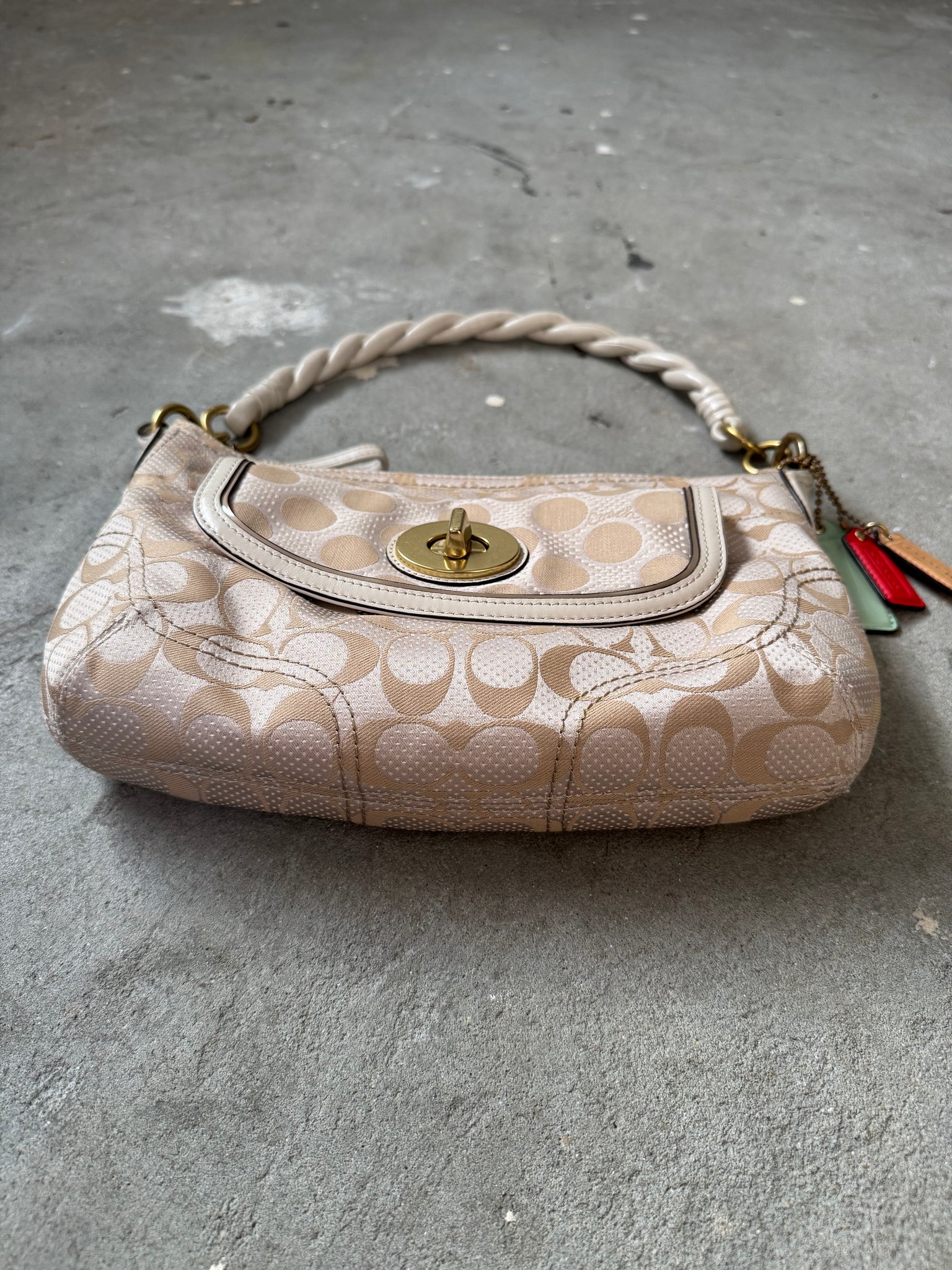 Coach 2Way Signature Dot Satin Canvas Shoulder Bag Beige