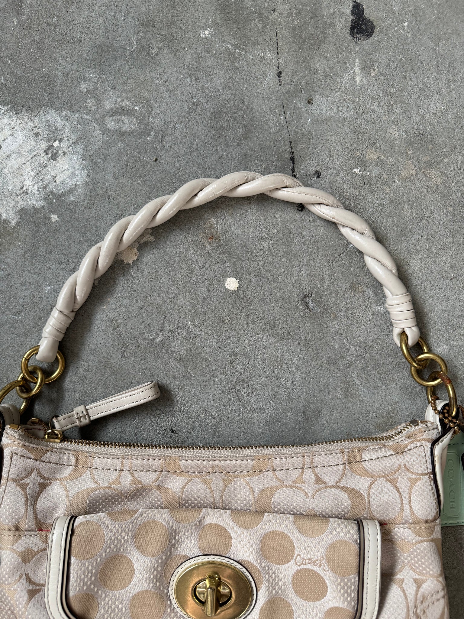 Coach 2Way Signature Dot Satin Canvas Shoulder Bag Beige