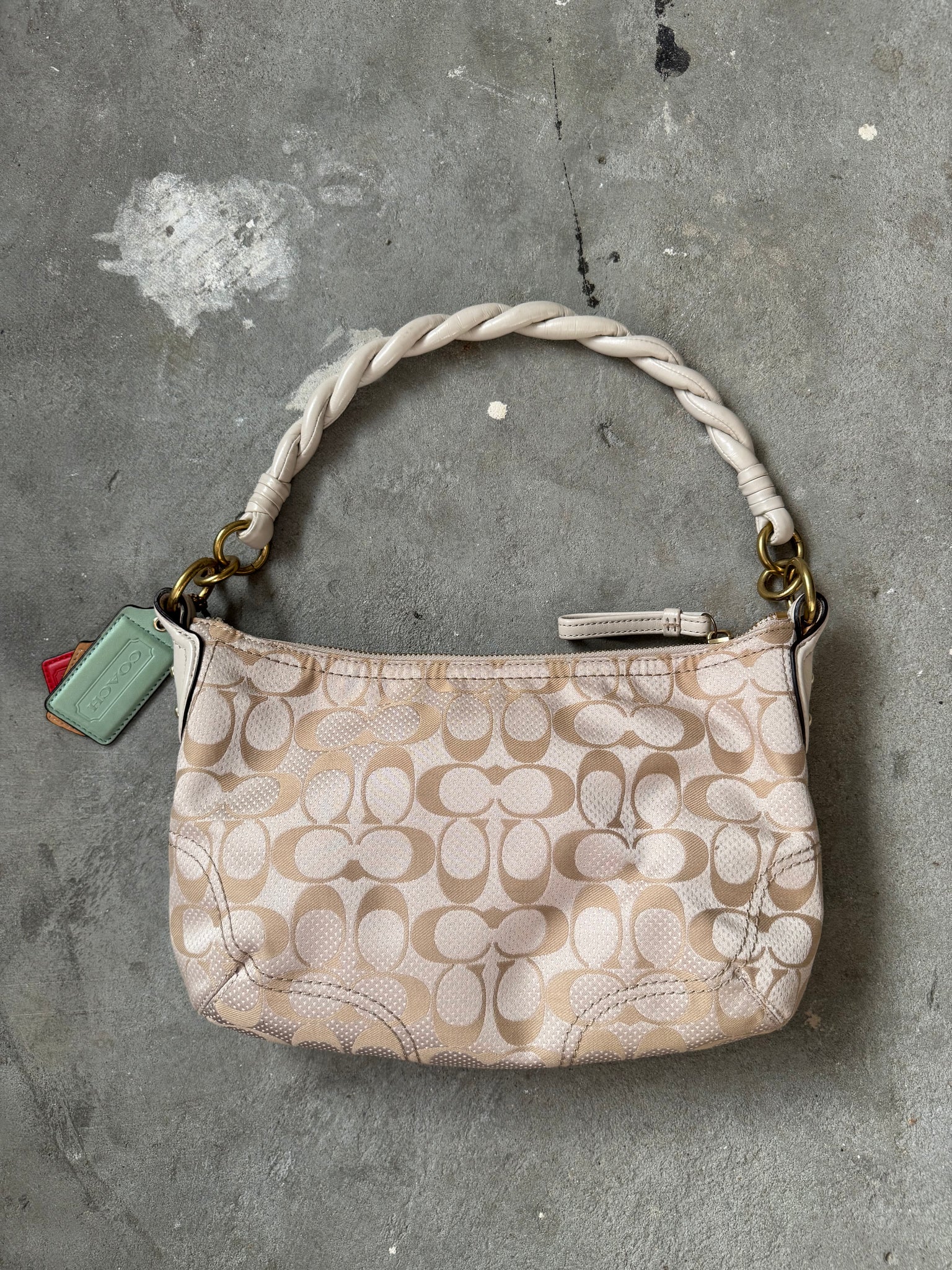 Coach 2Way Signature Dot Satin Canvas Shoulder Bag Beige