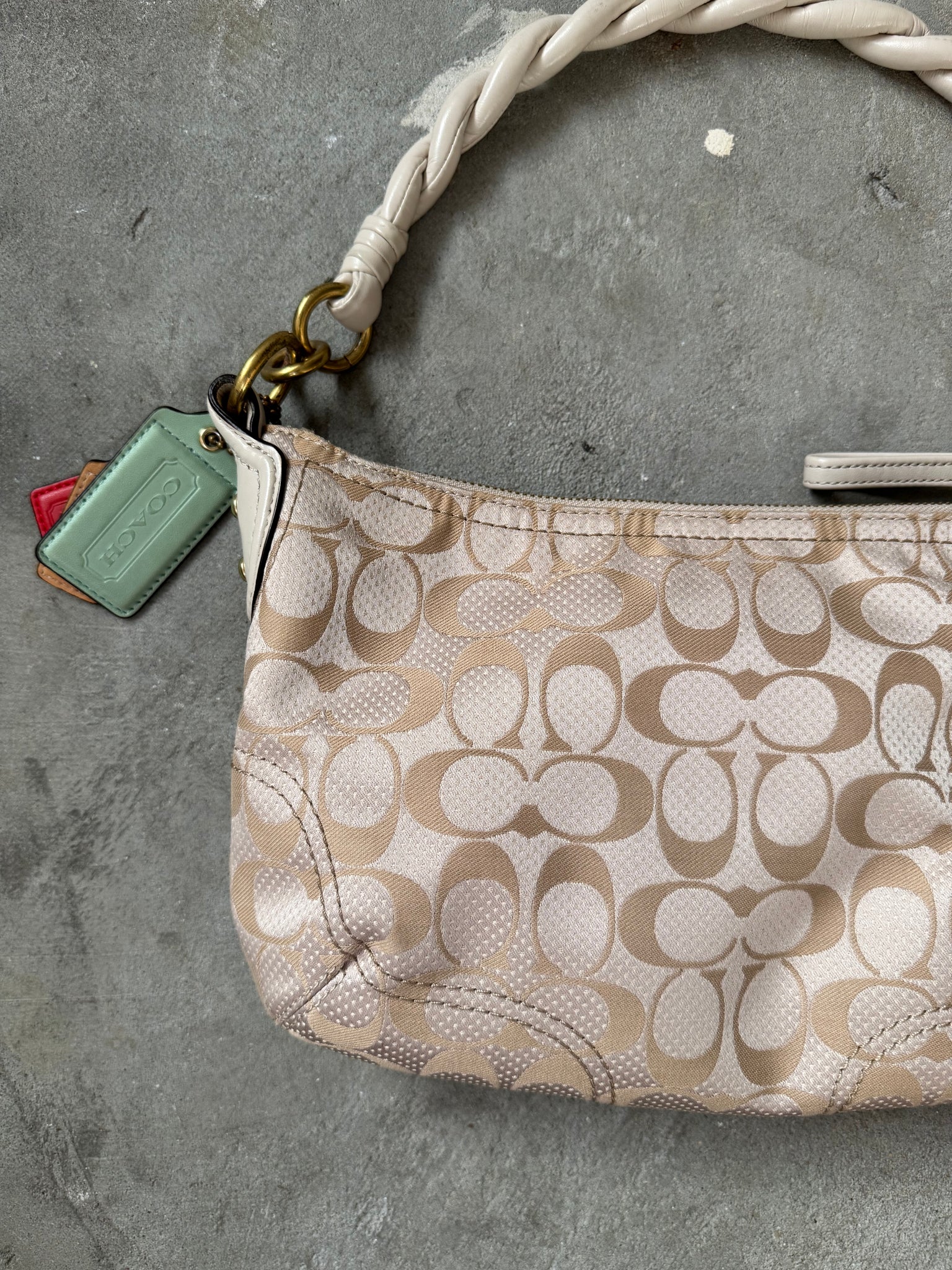 Coach 2Way Signature Dot Satin Canvas Shoulder Bag Beige