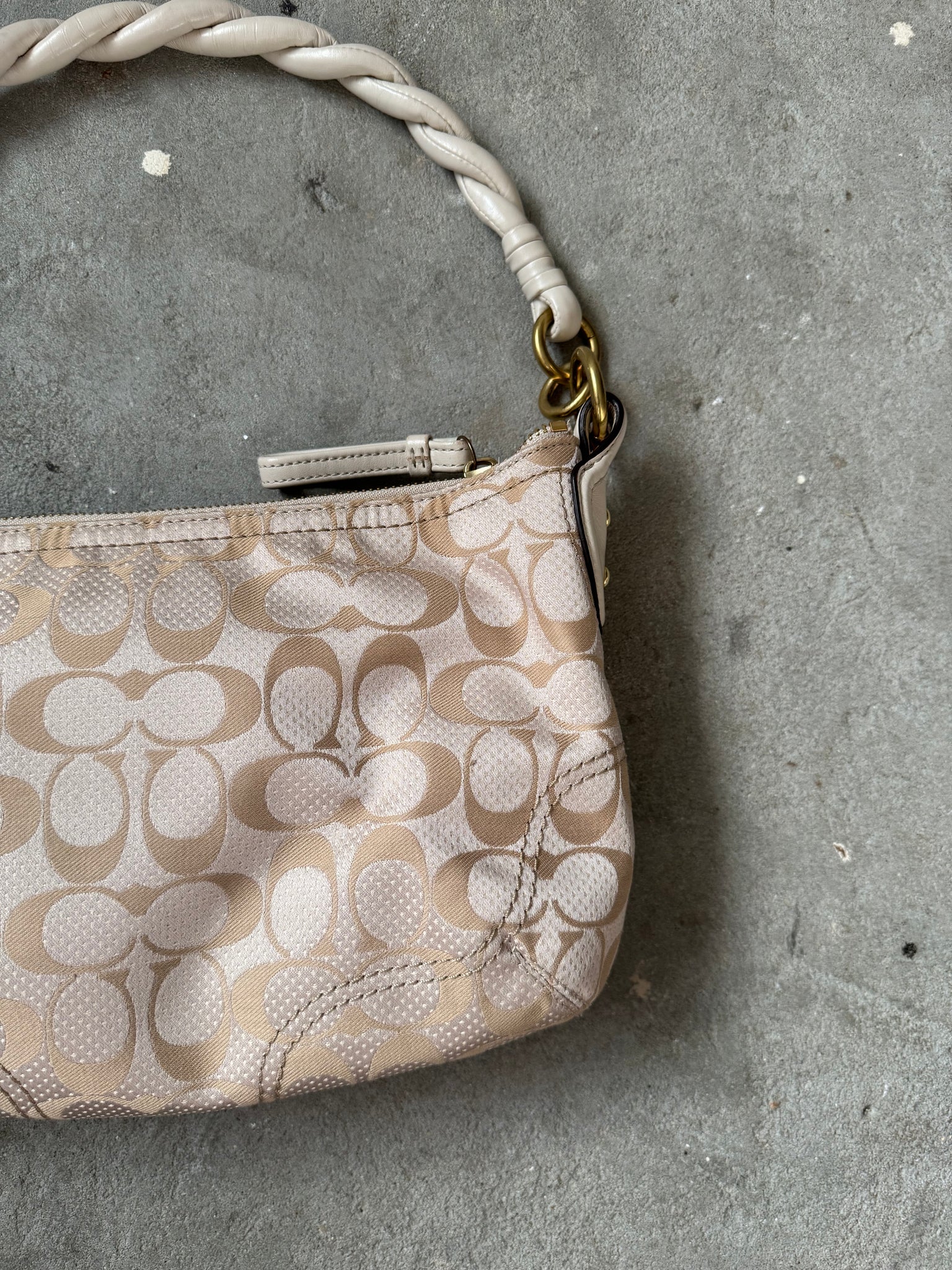 Coach 2Way Signature Dot Satin Canvas Shoulder Bag Beige