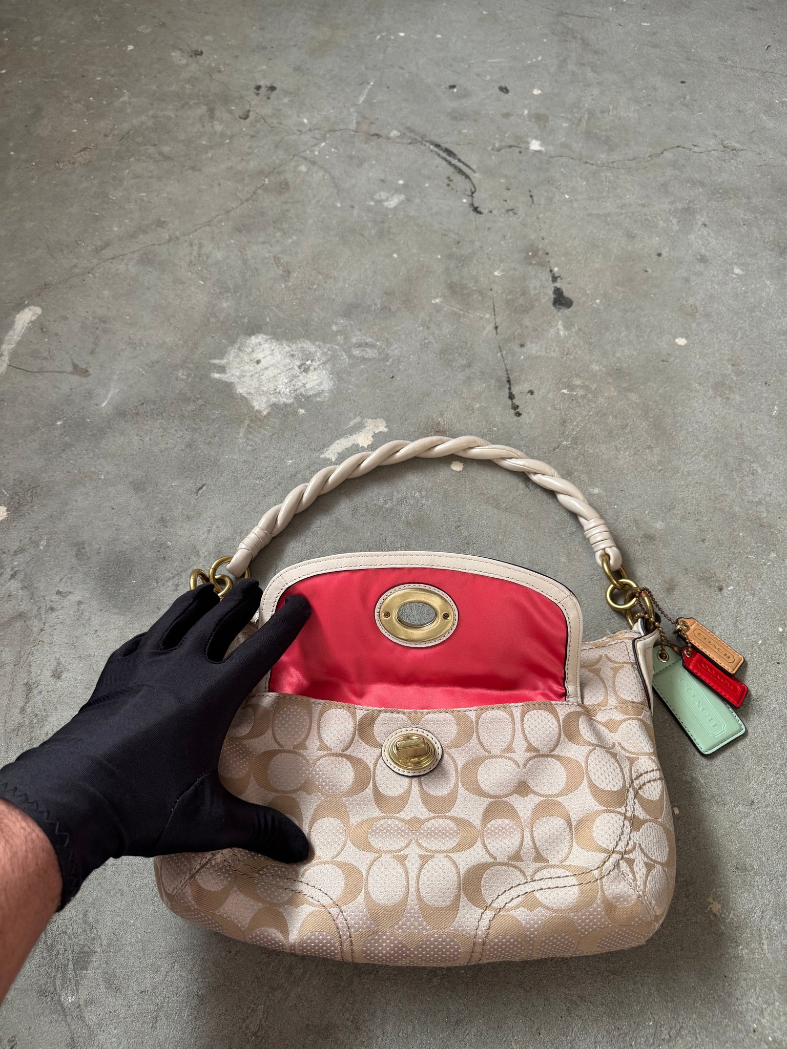 Coach 2Way Signature Dot Satin Canvas Shoulder Bag Beige