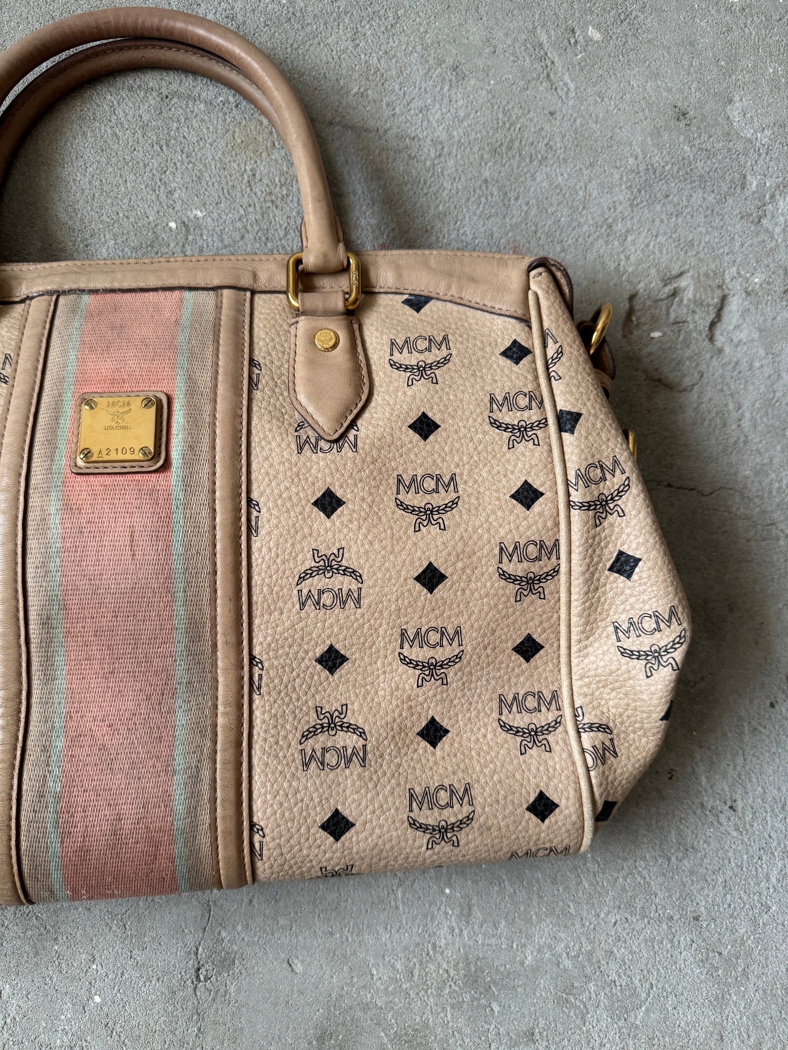 MCM Monogram Stripe Satchel Bag
