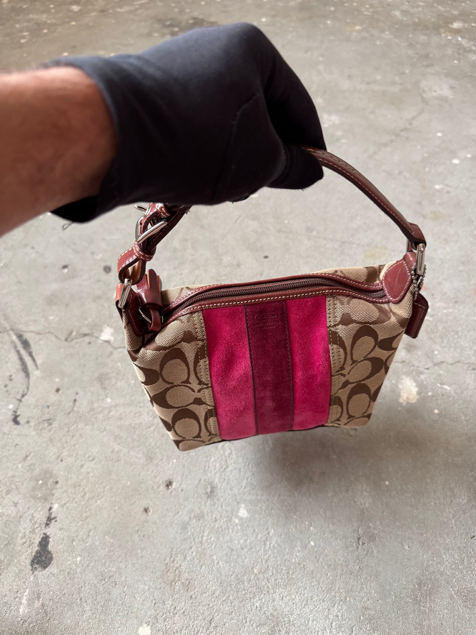 Coach Signature Mini Hobo Striped Suede Shoulder Bag