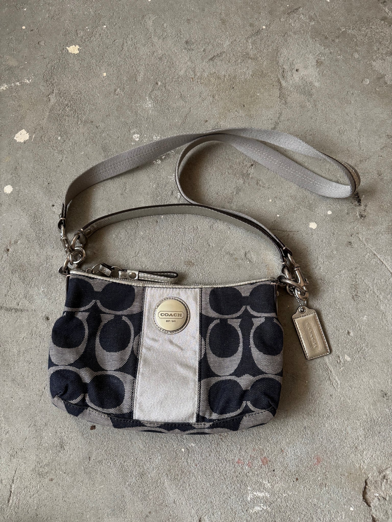 Coach 2Way Signature Denim Shoulder Bag Navy/Silver
