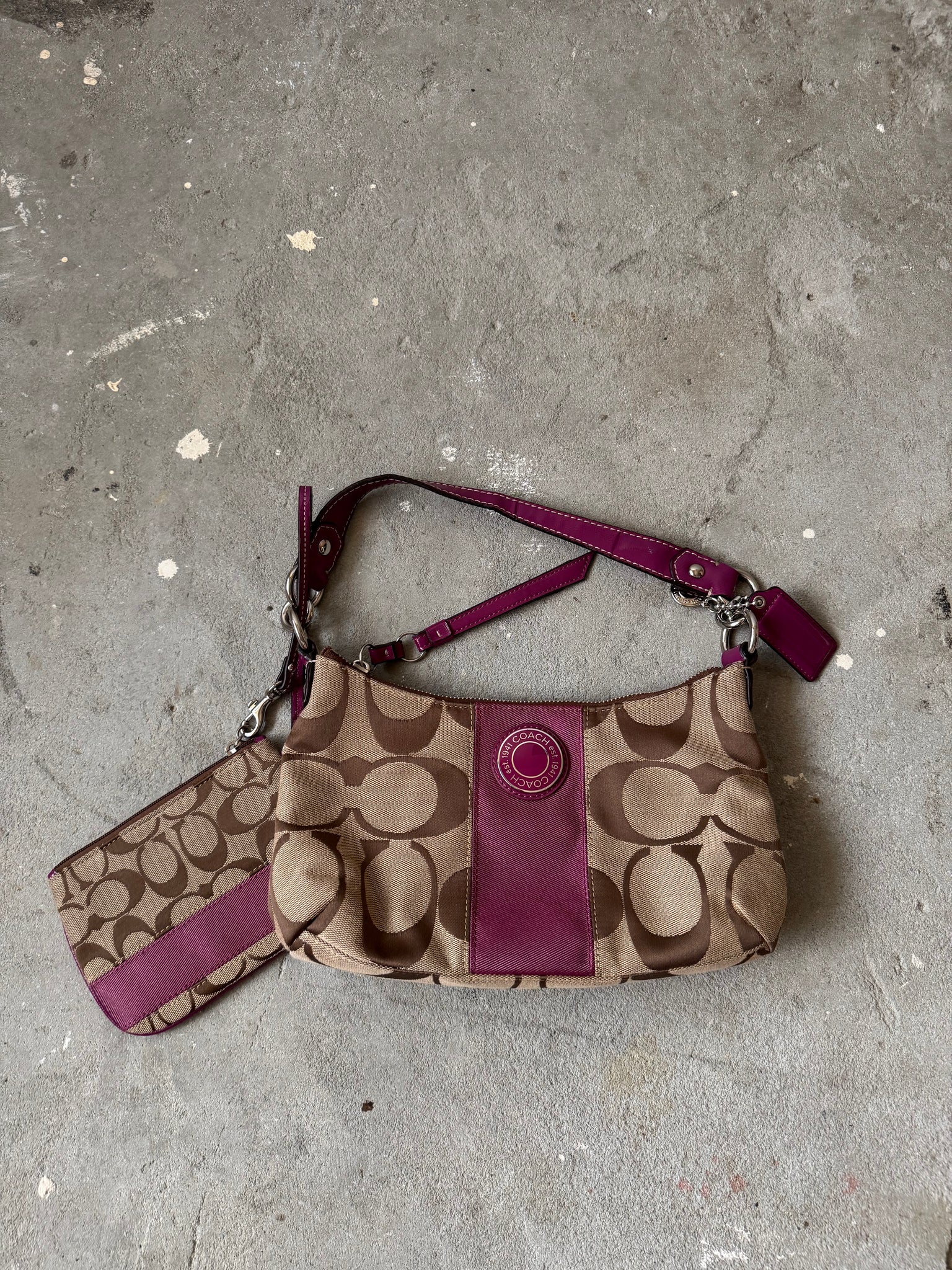 Coach 2Way Signature Strip Shoulder Bag Beige/Purple