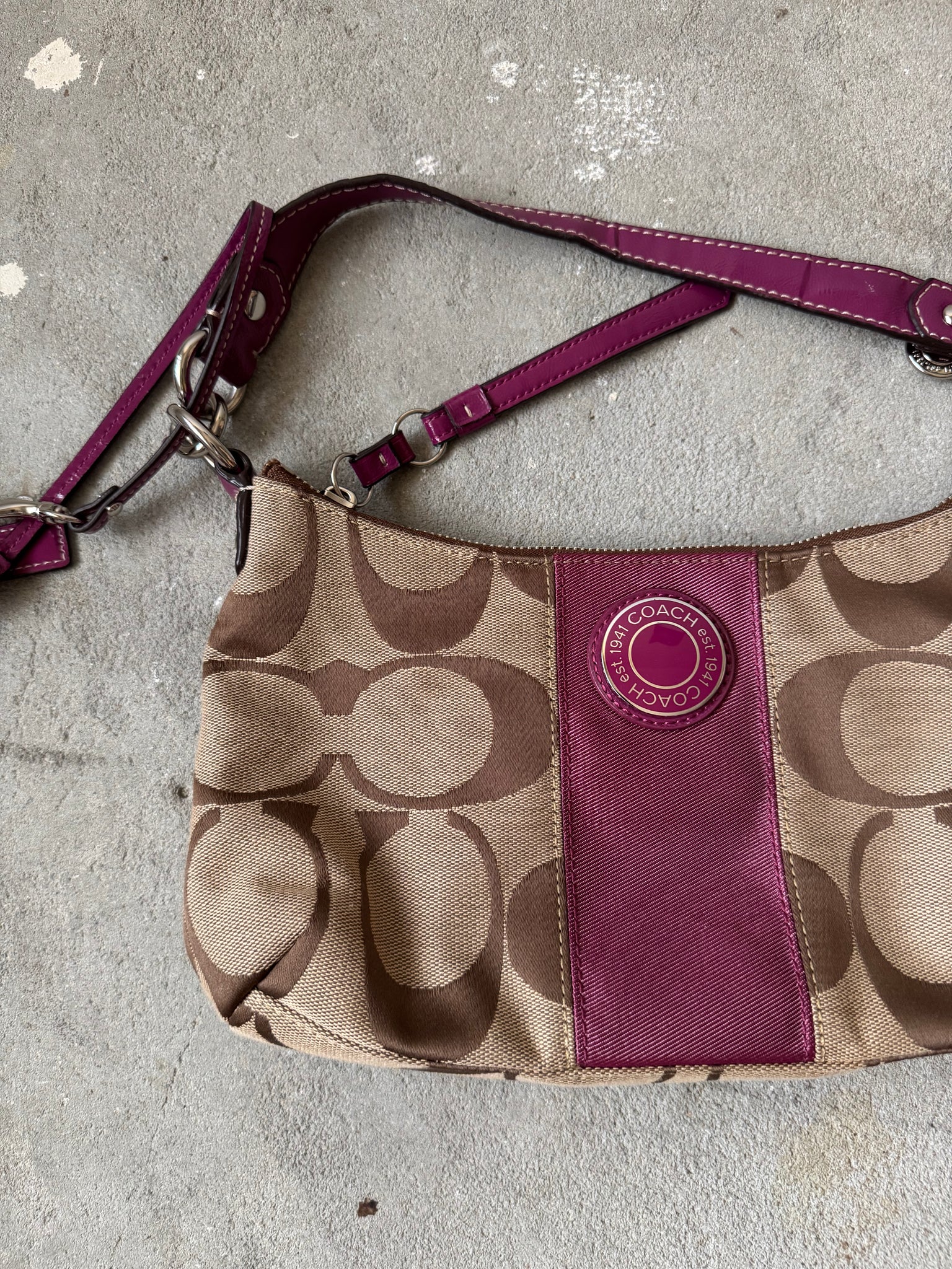 Coach 2Way Signature Strip Shoulder Bag Beige/Purple